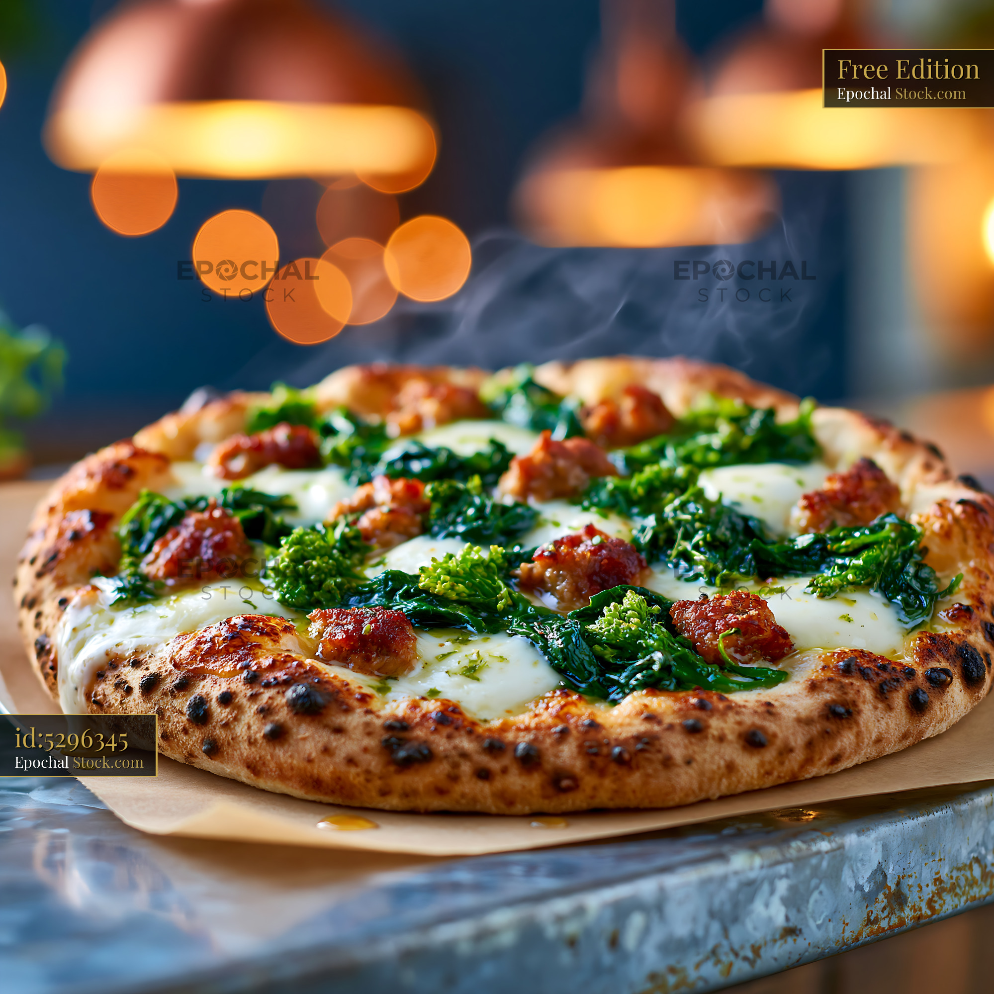 Steaming friarielli sausage pizza with mozzarella on a metal counter - stock photo