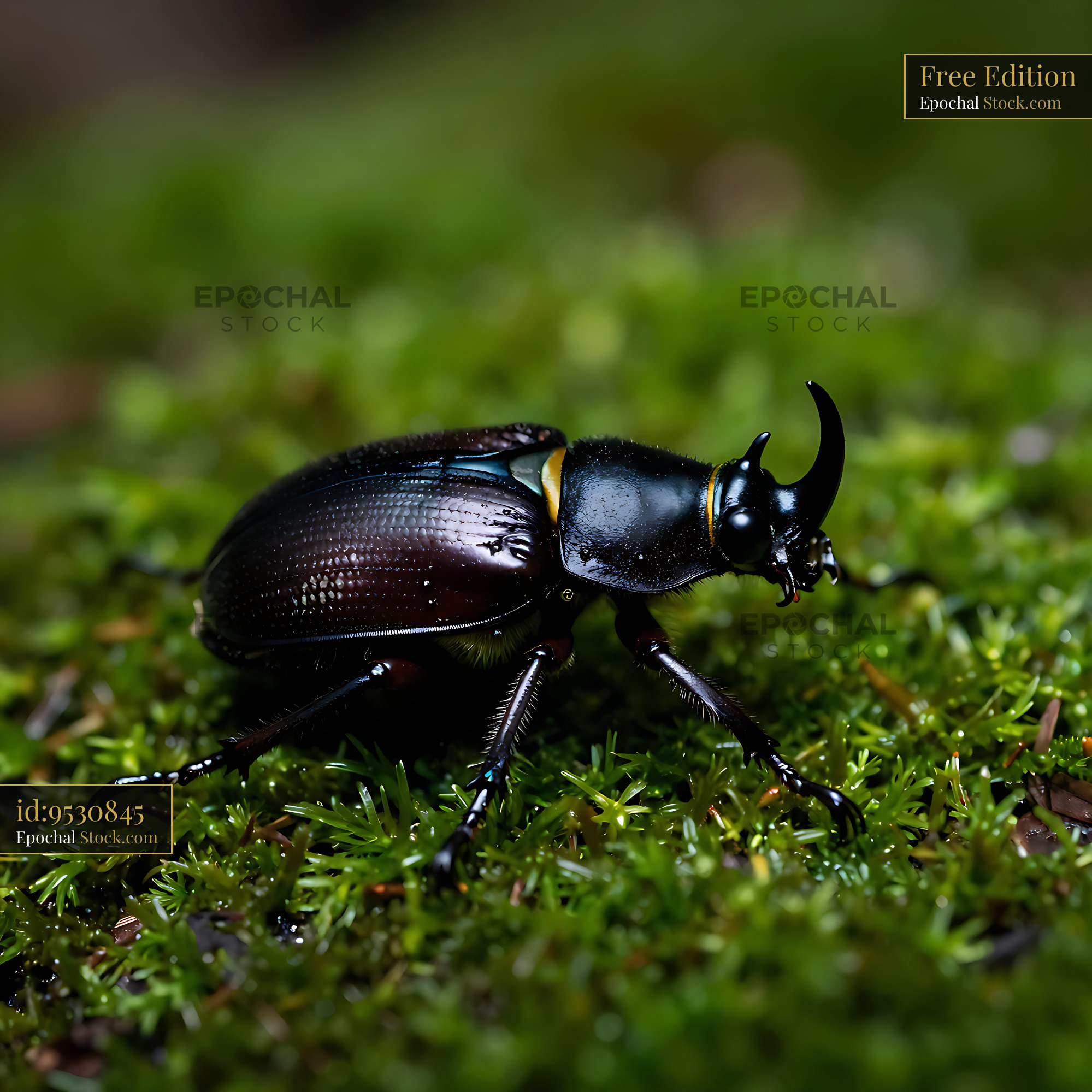 Atlas beetle with prominent horn crawling on lush green moss - stock photo