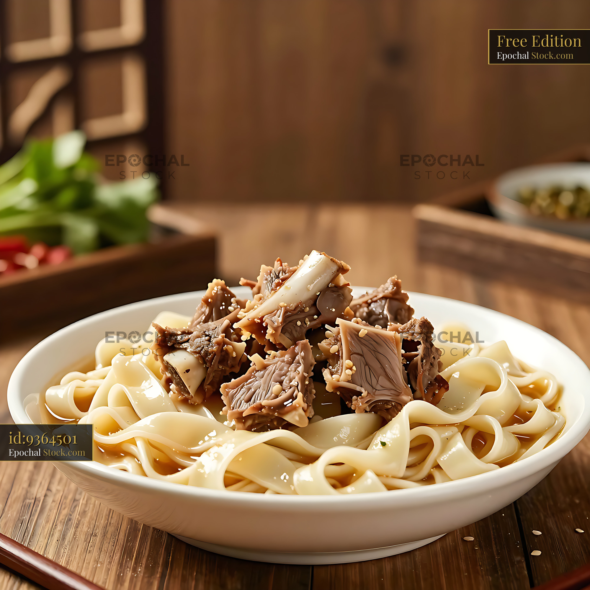 Traditional Naimeng Shou Ba Rou Mian bowl on a rustic wooden table - stock photo