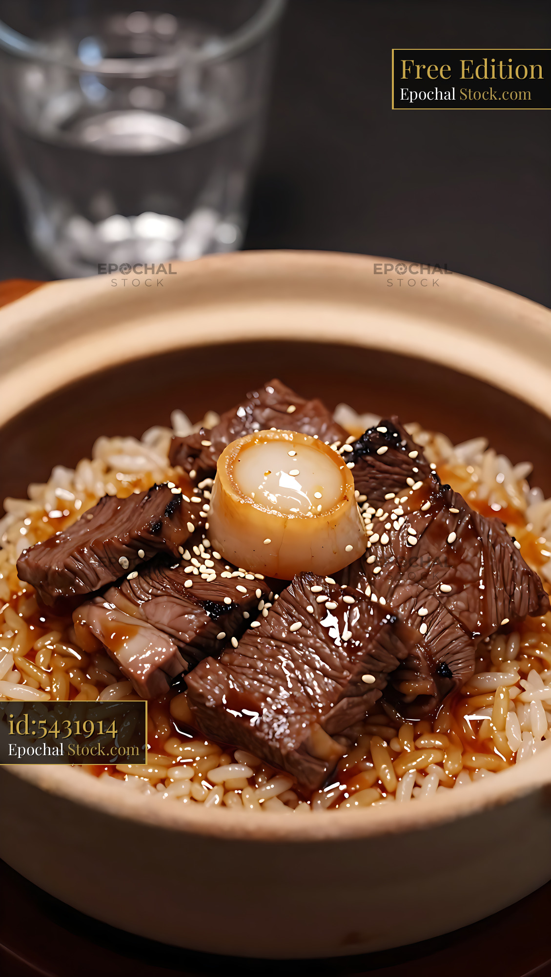 Beef and conpoy clay pot rice served in an earthenware bowl - stock photo