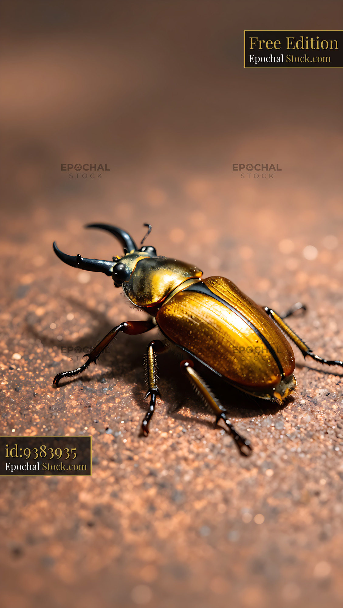 Golden stag beetle allotopus rosenbergi on a textured earthy surface - stock photo