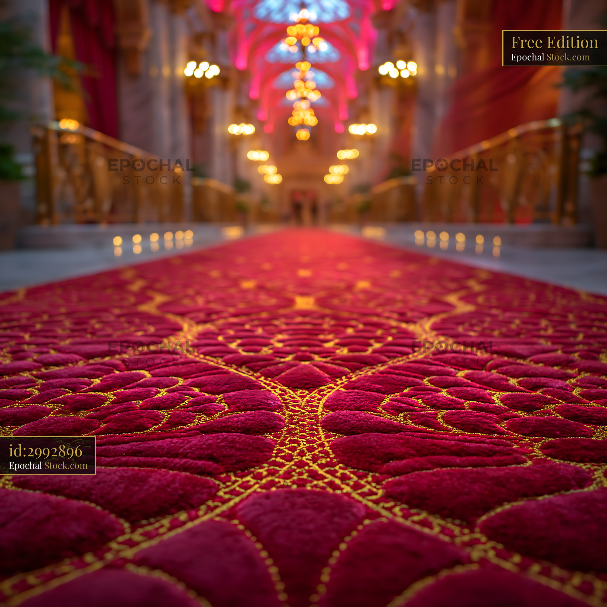Luxury hotel lobby red carpet with ornate gold patterns and bokeh - stock photo