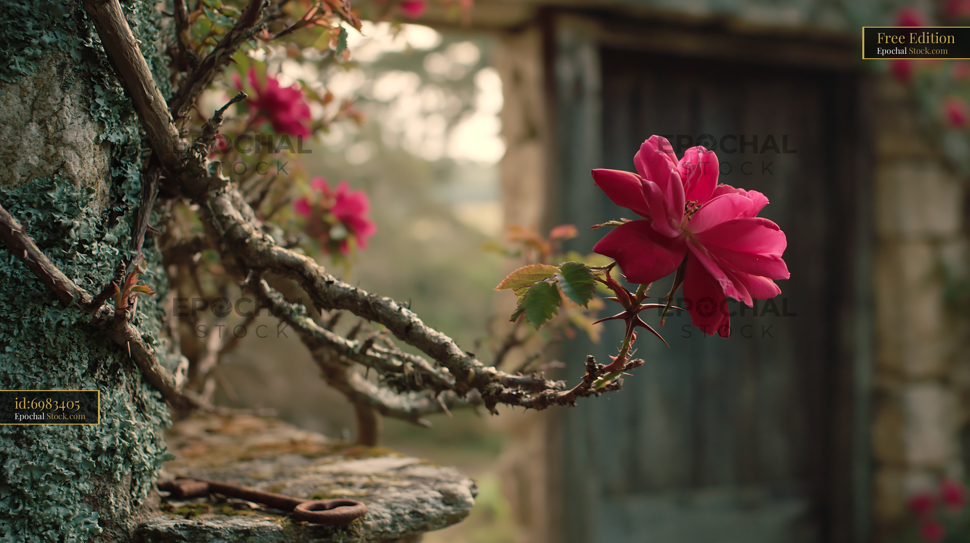 Pink rose on a thorny vine against an old stone wall with rusty key