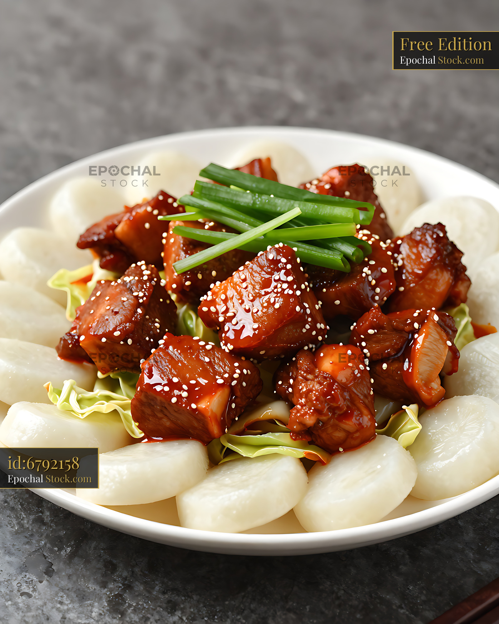 Chuncheon dakgalbi-style pork with rice cakes and green onions - stock photo