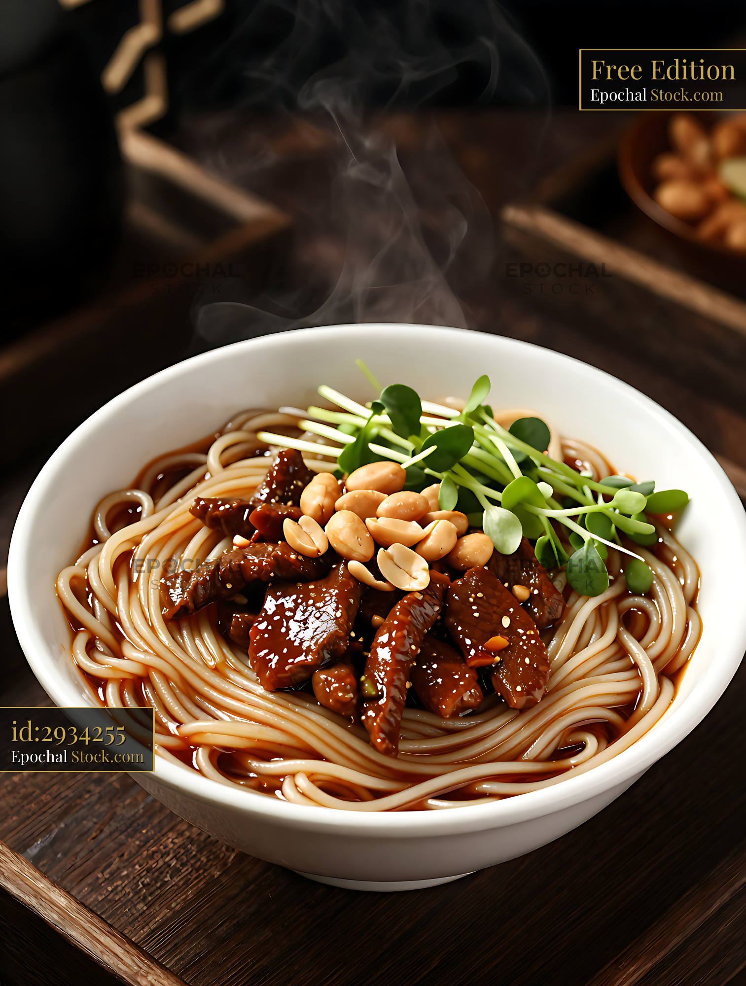 Chao Zhou Sha Cha Niu Rou Mian with beef and peanuts in a white bowl - stock photo