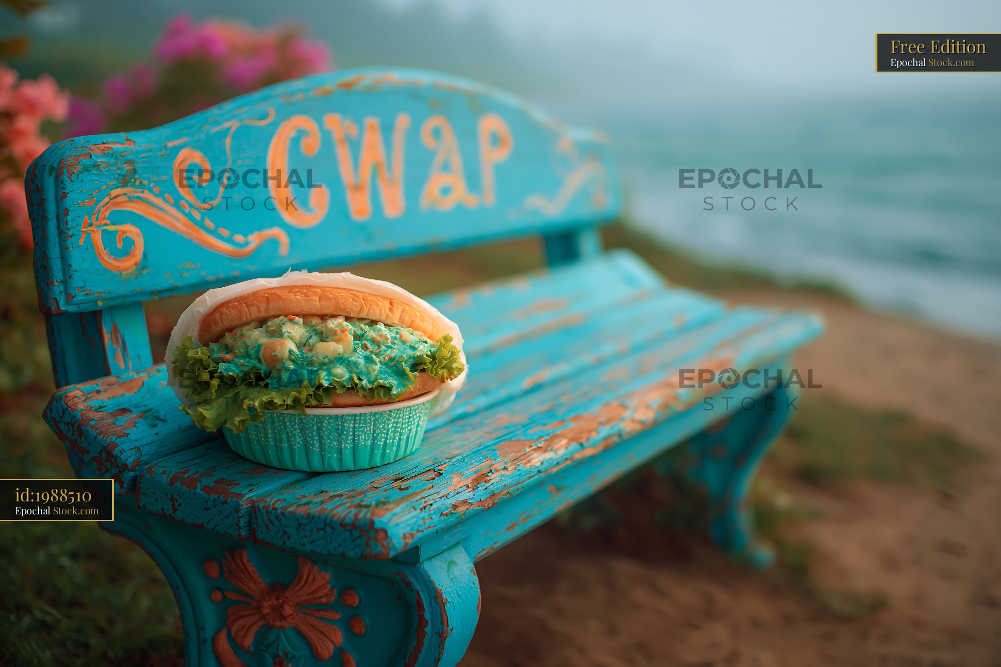 Fresh seafood wrap on a weathered turquoise park bench by the sea - stock photo