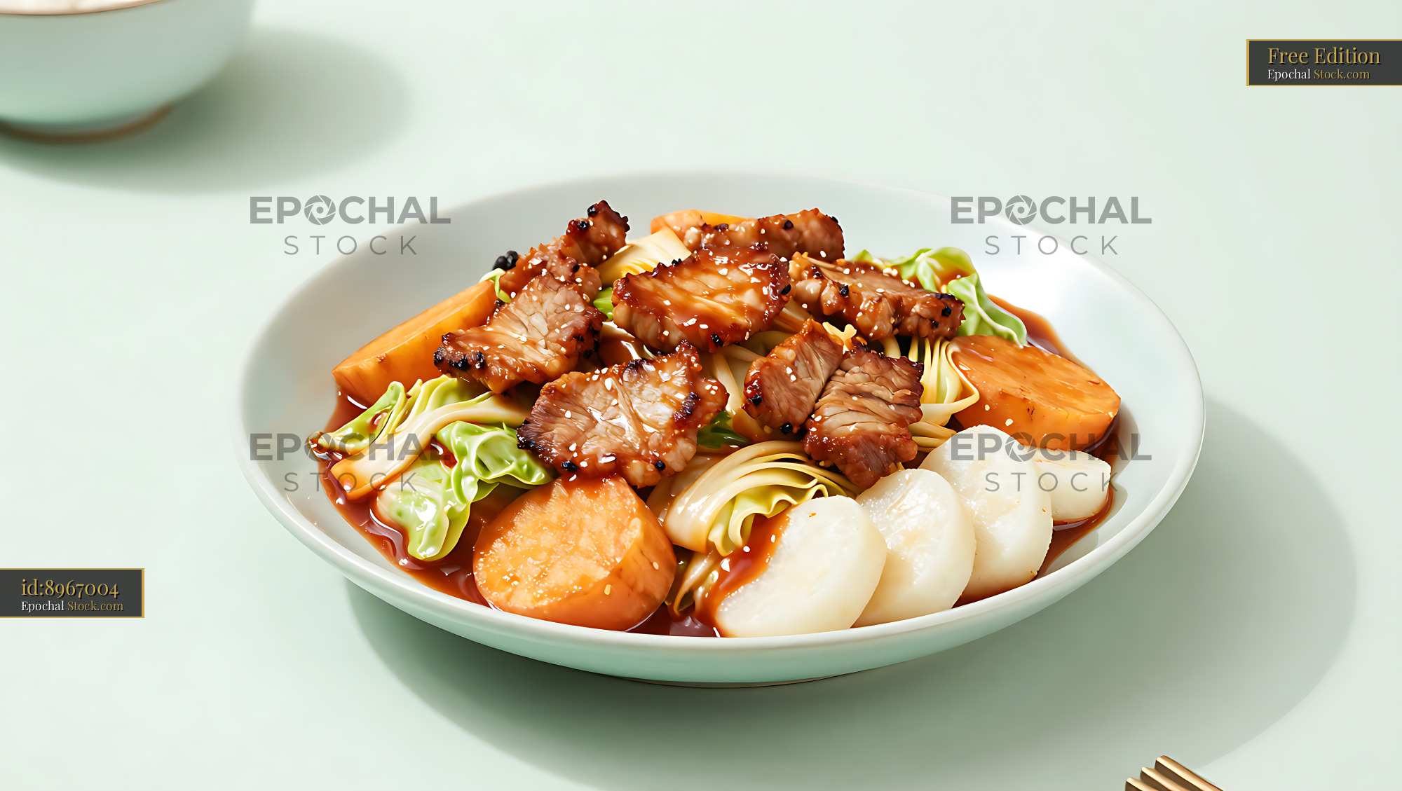 Chuncheon Dakgalbi-style pork with cabbage and rice cakes in a bowl - stock photo