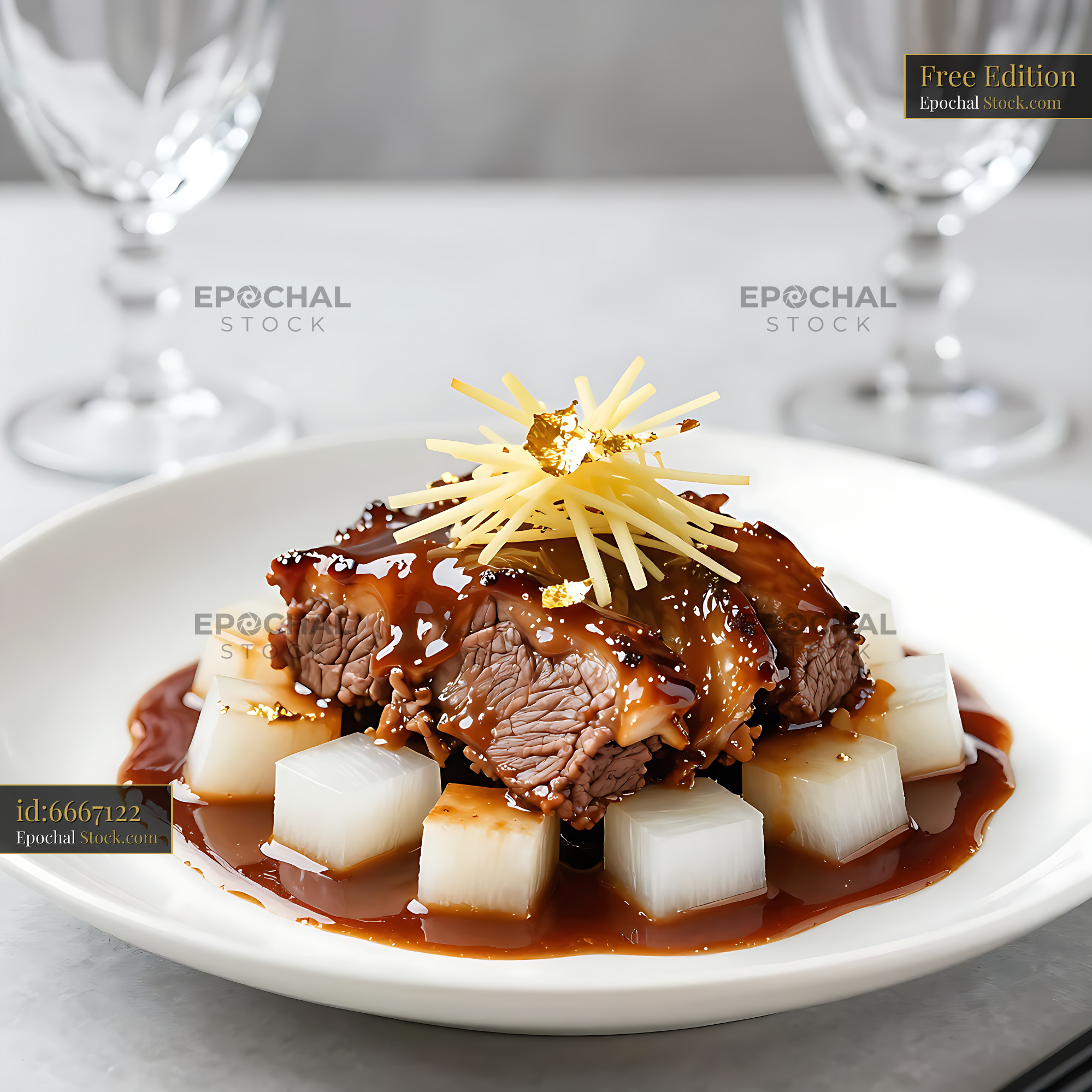 Cantonese beef brisket slow-braised 8 hours with radish and gold leaf - stock photo