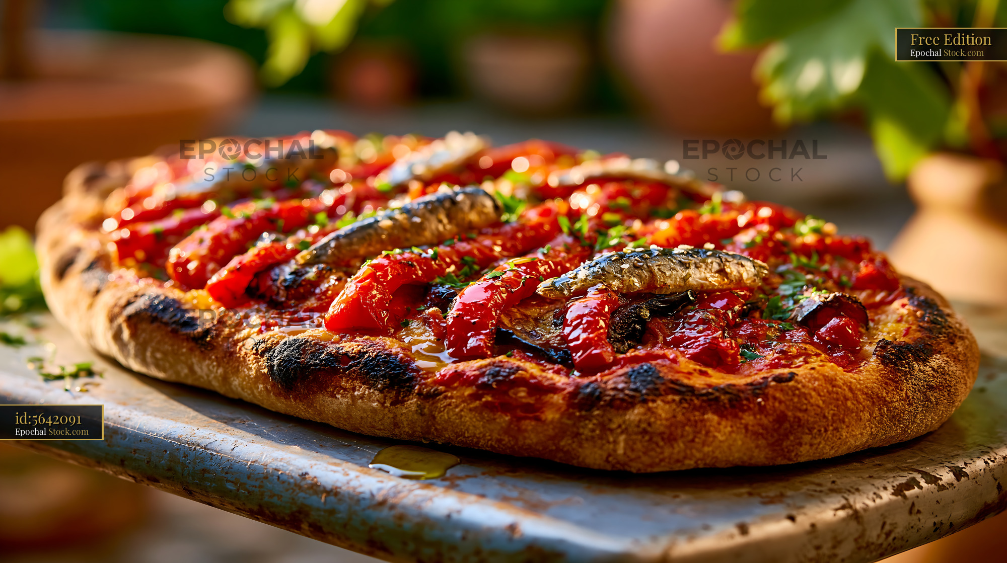 Traditional coca de recapte pizza with roasted peppers and sardines - stock photo