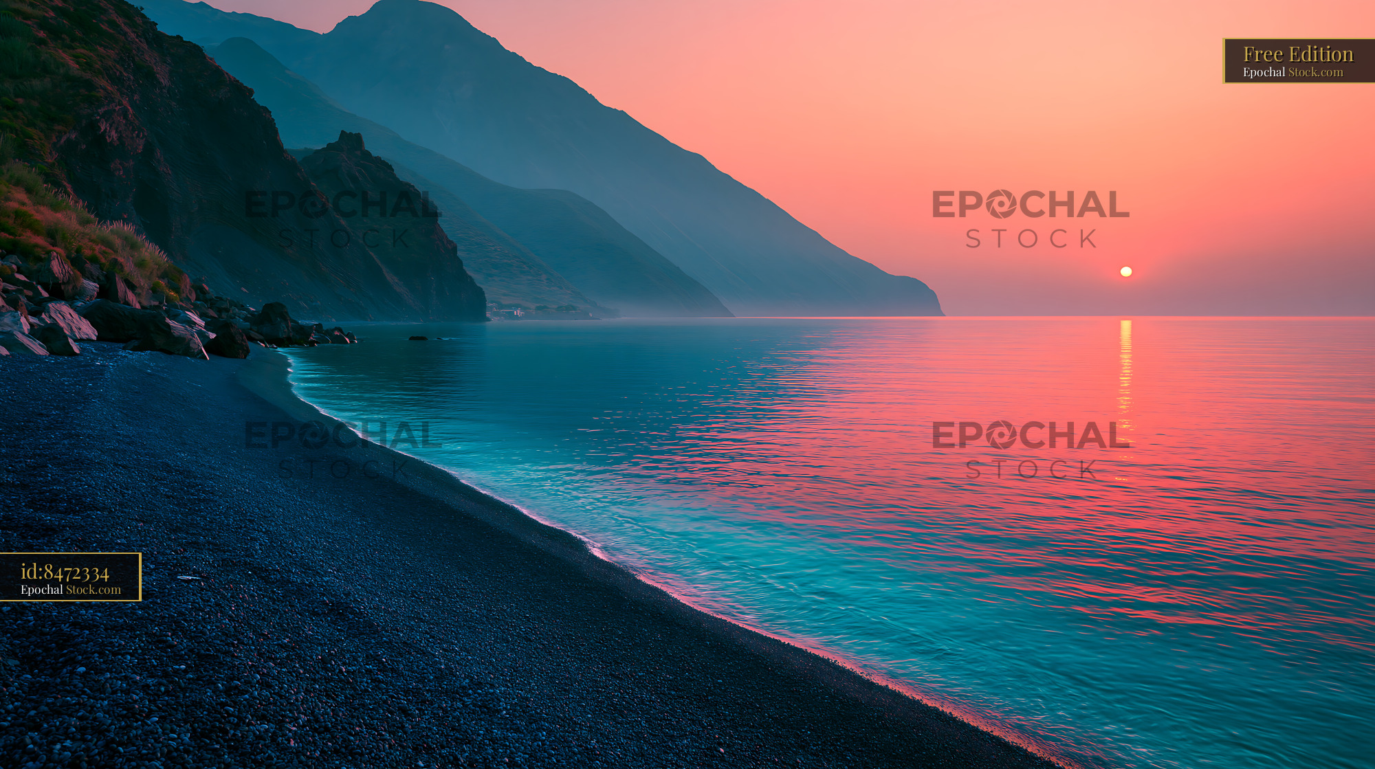 Black lava sand shore on Stromboli island during a vibrant sunset - stock photo