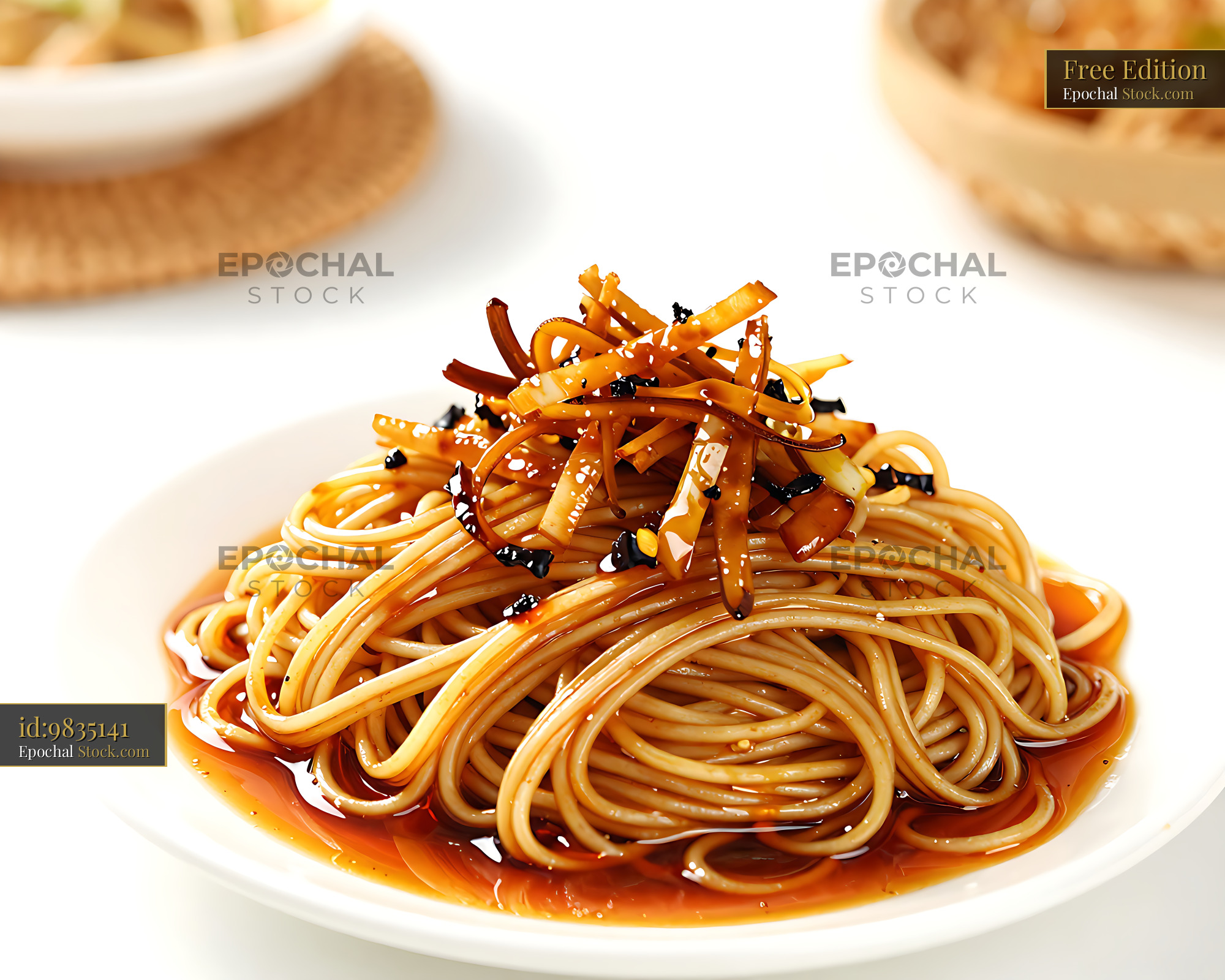 Shanghai Cong You Ban Mian scallion oil noodles on a white plate - stock photo