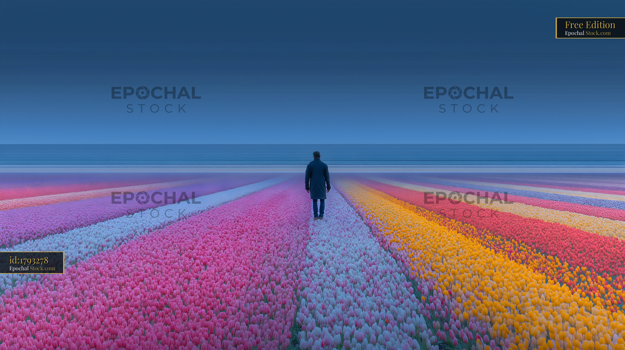 Person walks through colorful tulip fields near the ocean Free Premium Stock Image