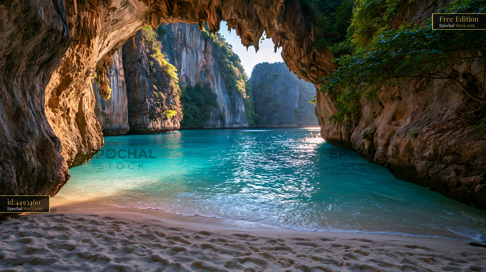 Hidden turquoise lagoon with white sand beach at Phi Phi Island - stock photo