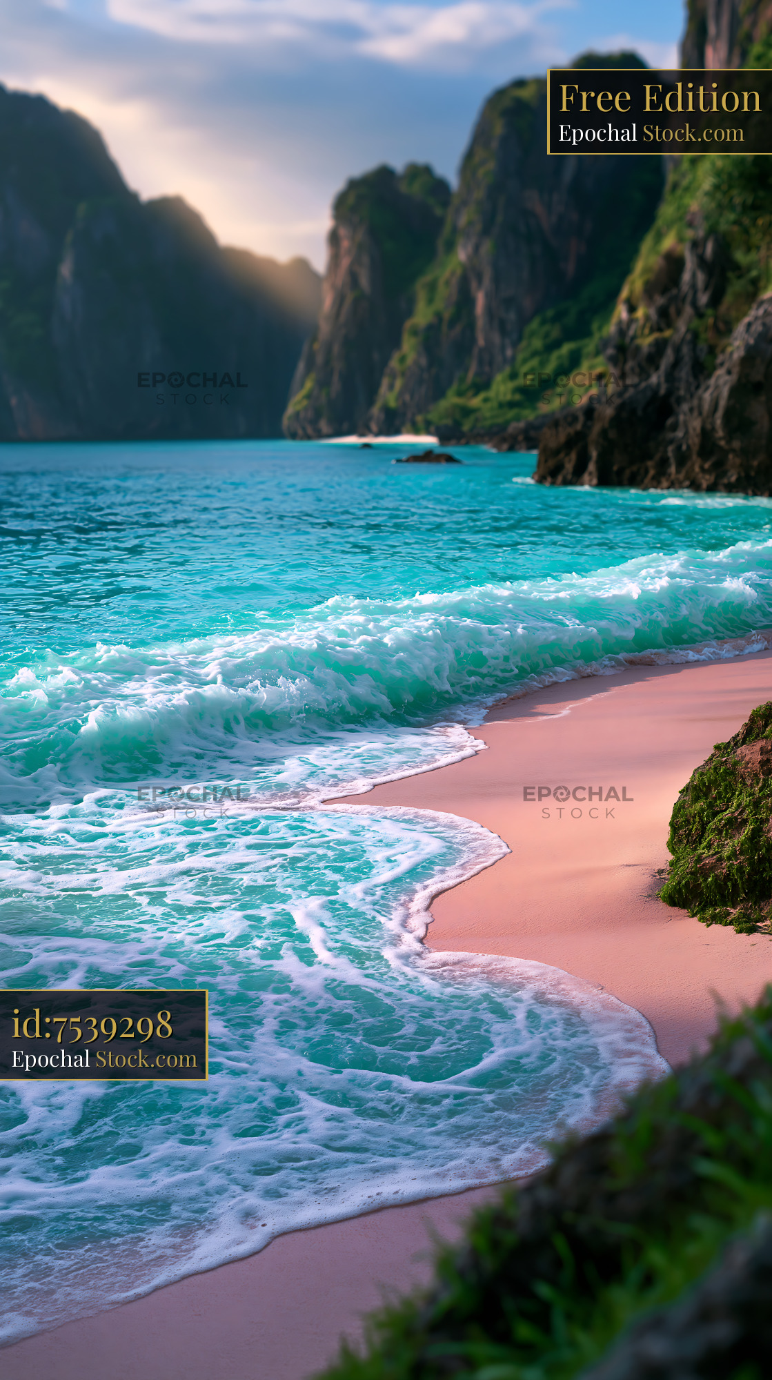 Turquoise waves crashing on an inaccessible white sand cliff side bay - stock photo