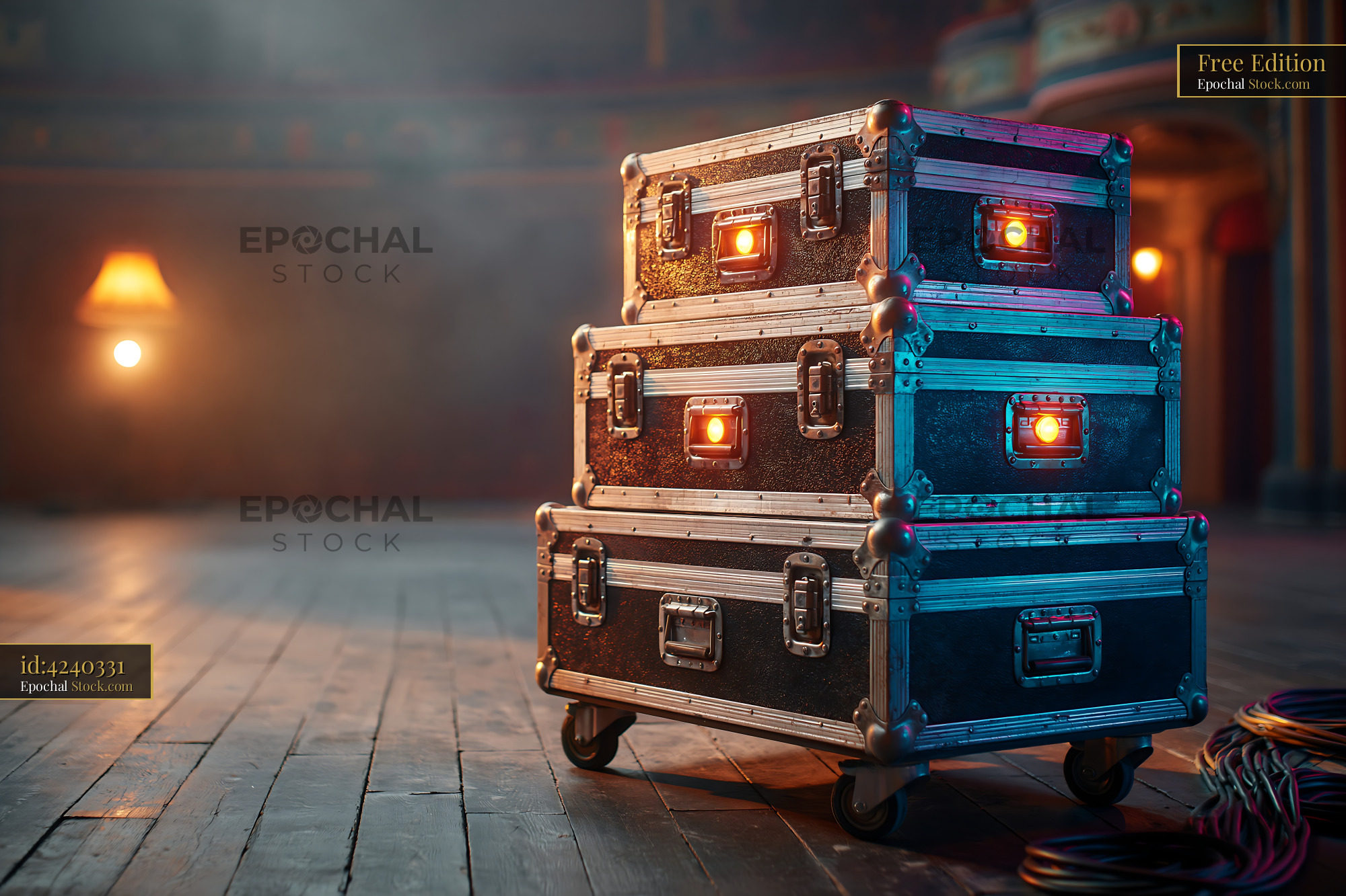 Stacked flight cases on an empty theater stage with warm lighting - stock photo