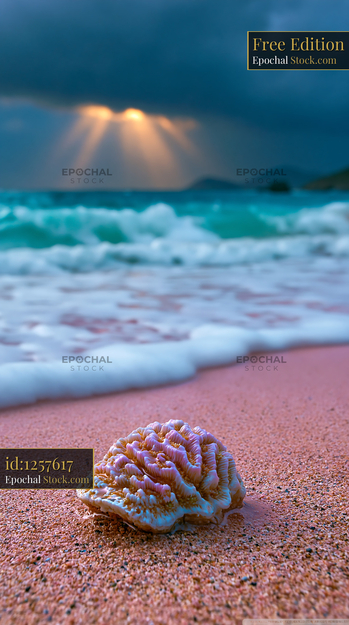 Brain coral shell on pink sand beach under dramatic sunbeams - stock photo