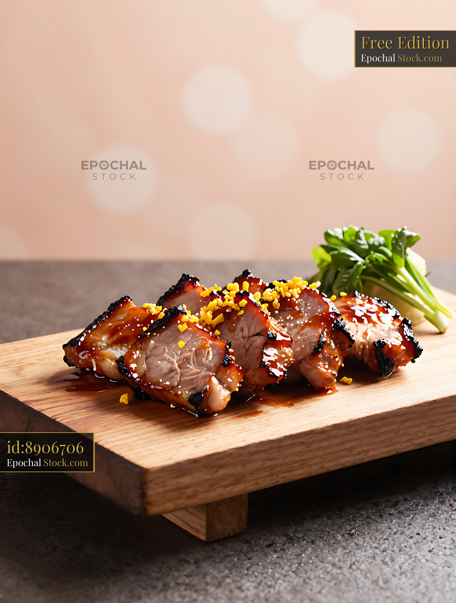 Nagano Buta Niku Yakimiso grilled pork slices on a wooden board - stock photo