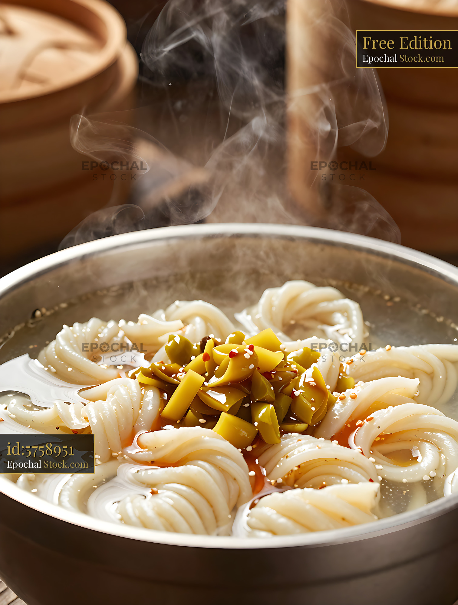 Steaming bowl of authentic Shanxi Tihuan Mian with savory toppings - stock photo