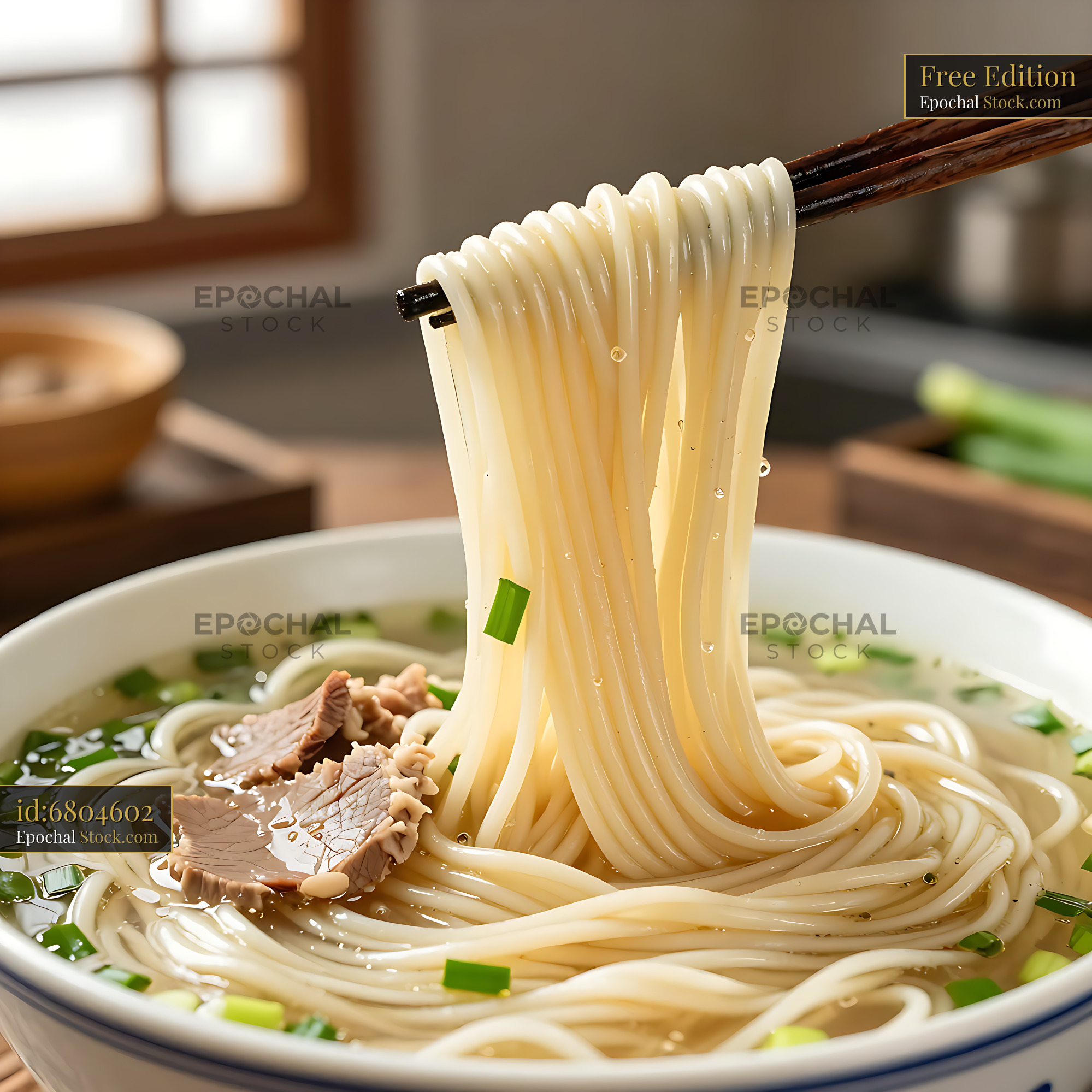 Lanzhou niurou lamian beef noodle soup lifted with wooden chopsticks - stock photo