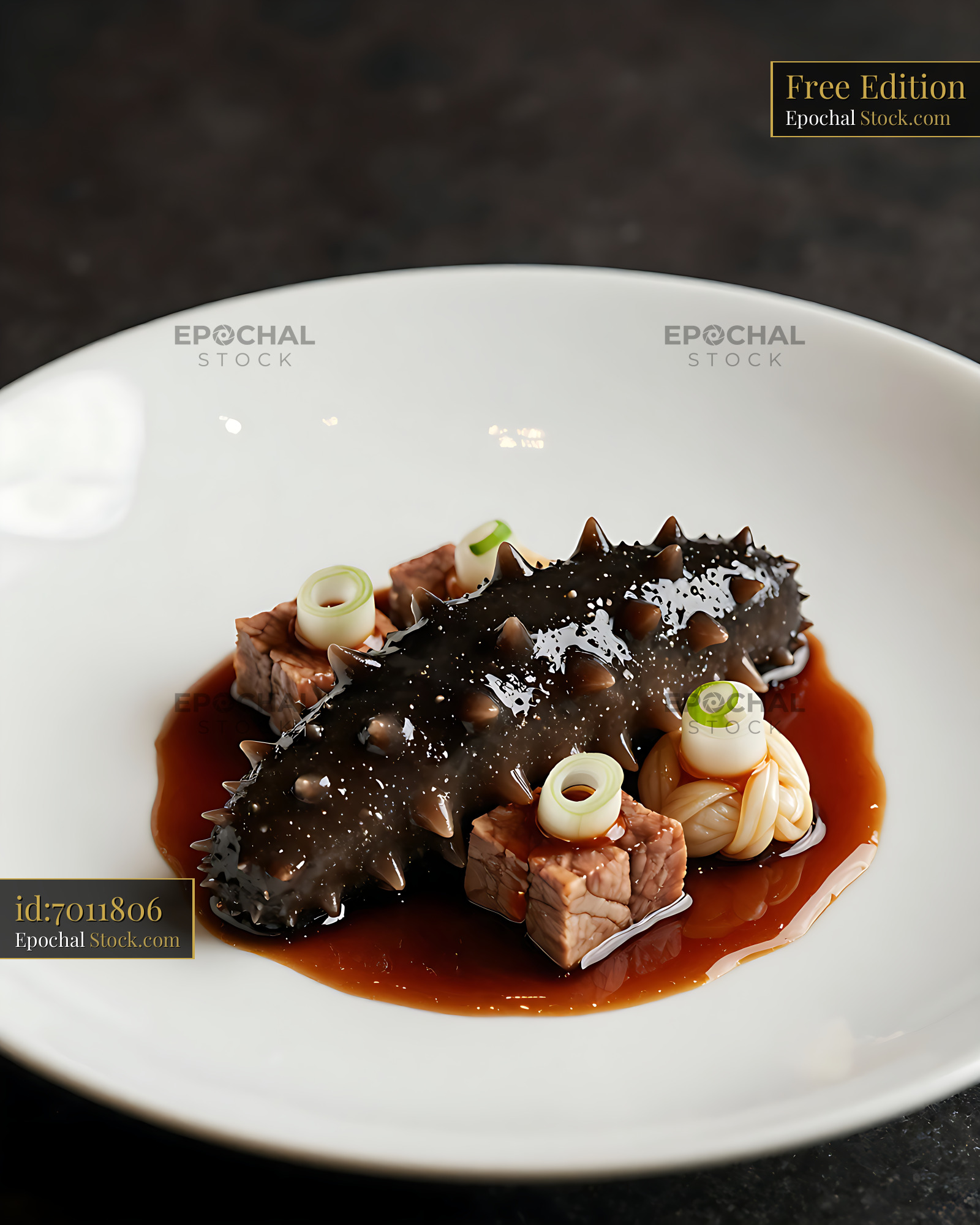 Braised sea cucumber and beef cubes with scallions on a white plate - stock photo