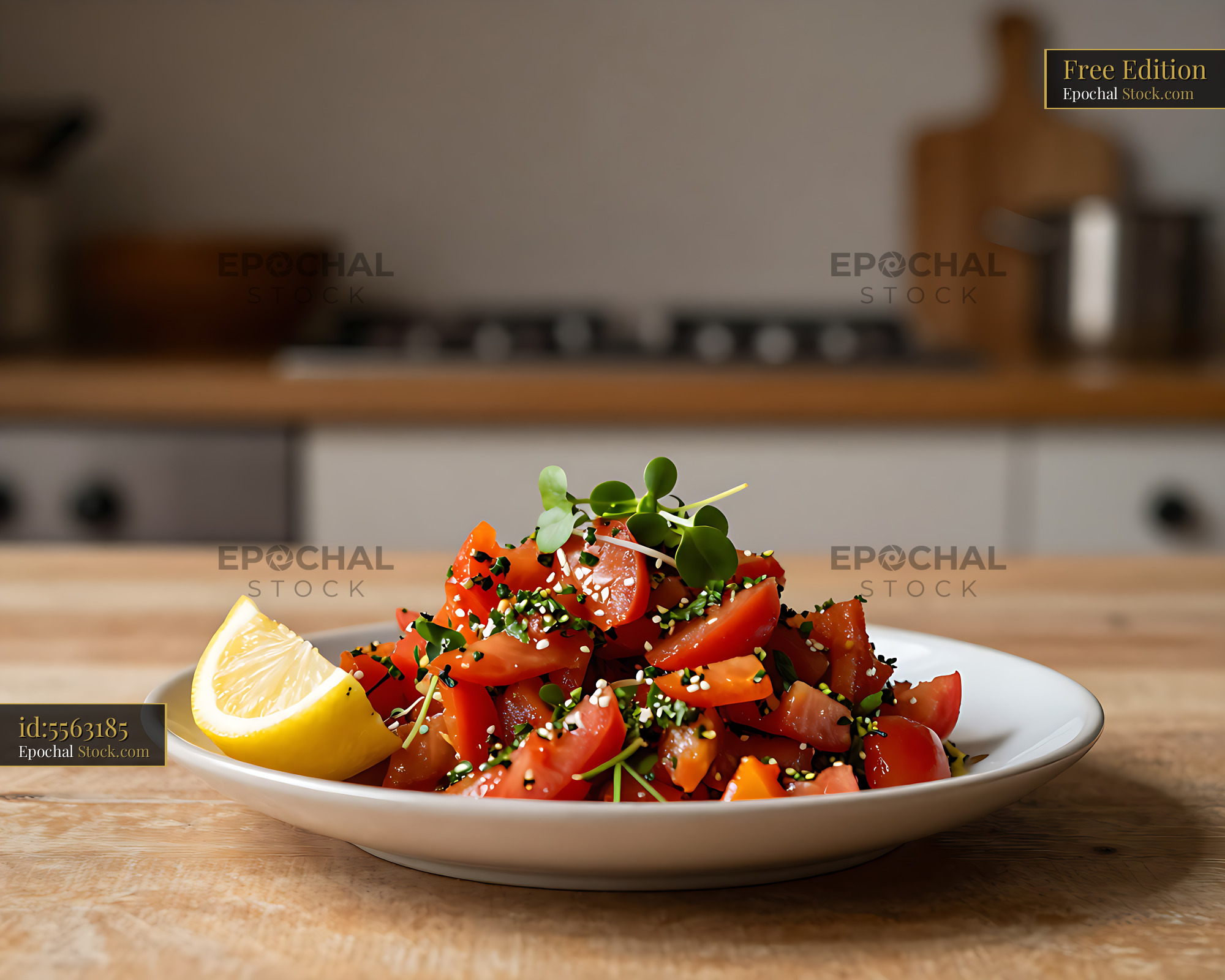 Libyan sharmoula salad with tomatoes and lemon on wooden table - stock photo