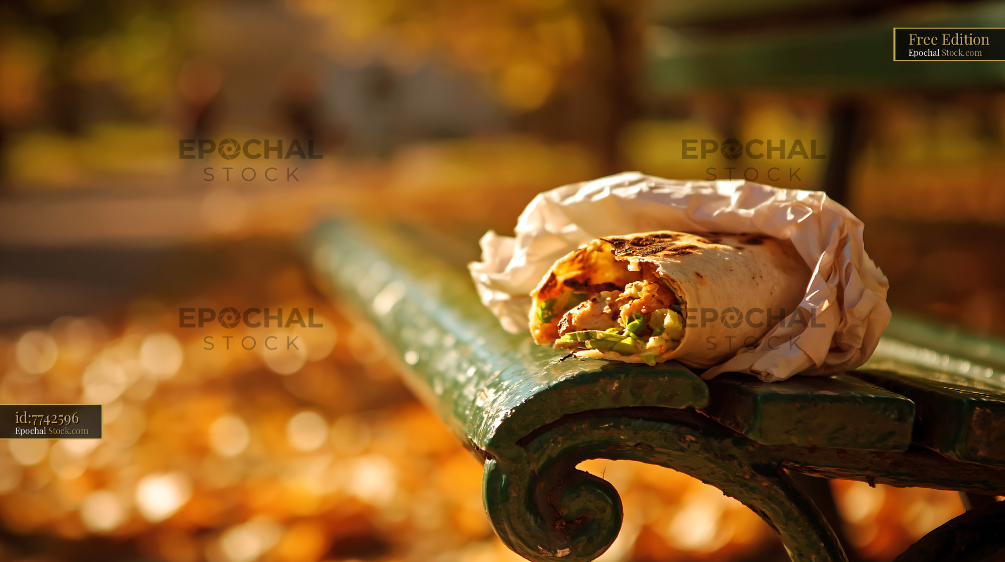 Grilled chicken wrap on a green park bench during autumn - stock photo