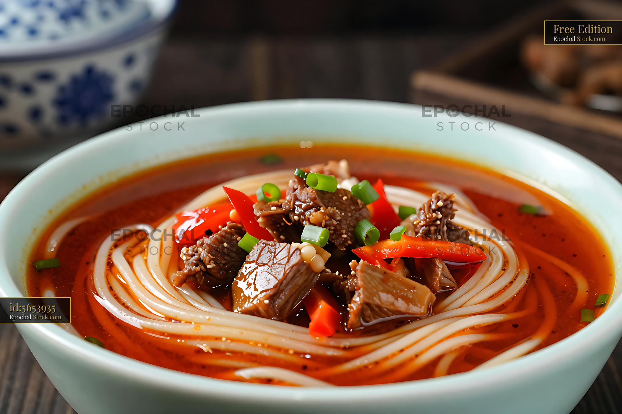 Spicy Xinjiang Suo Mian with beef and vegetables in a ceramic bowl - stock photo