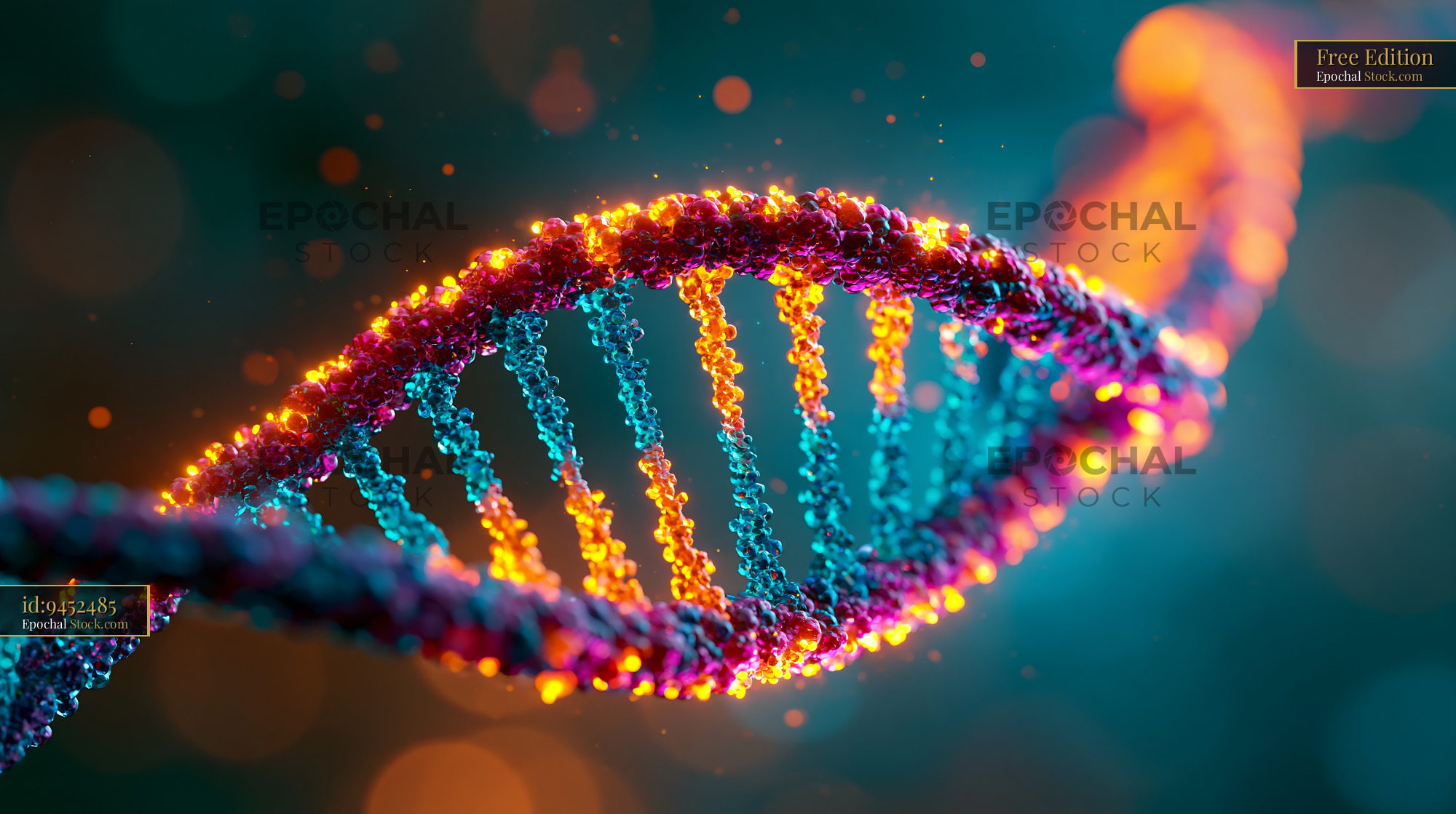 Glowing DNA double helix labeled with colorful nanocrystals - stock photo