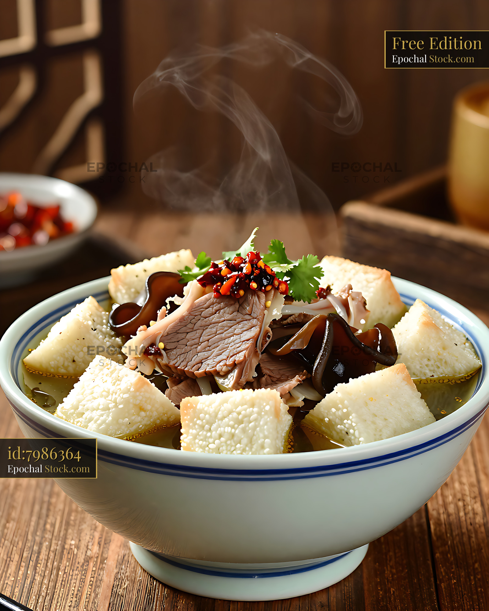 Steaming bowl of traditional Yangrou Pao Mo mutton soup with bread - stock photo