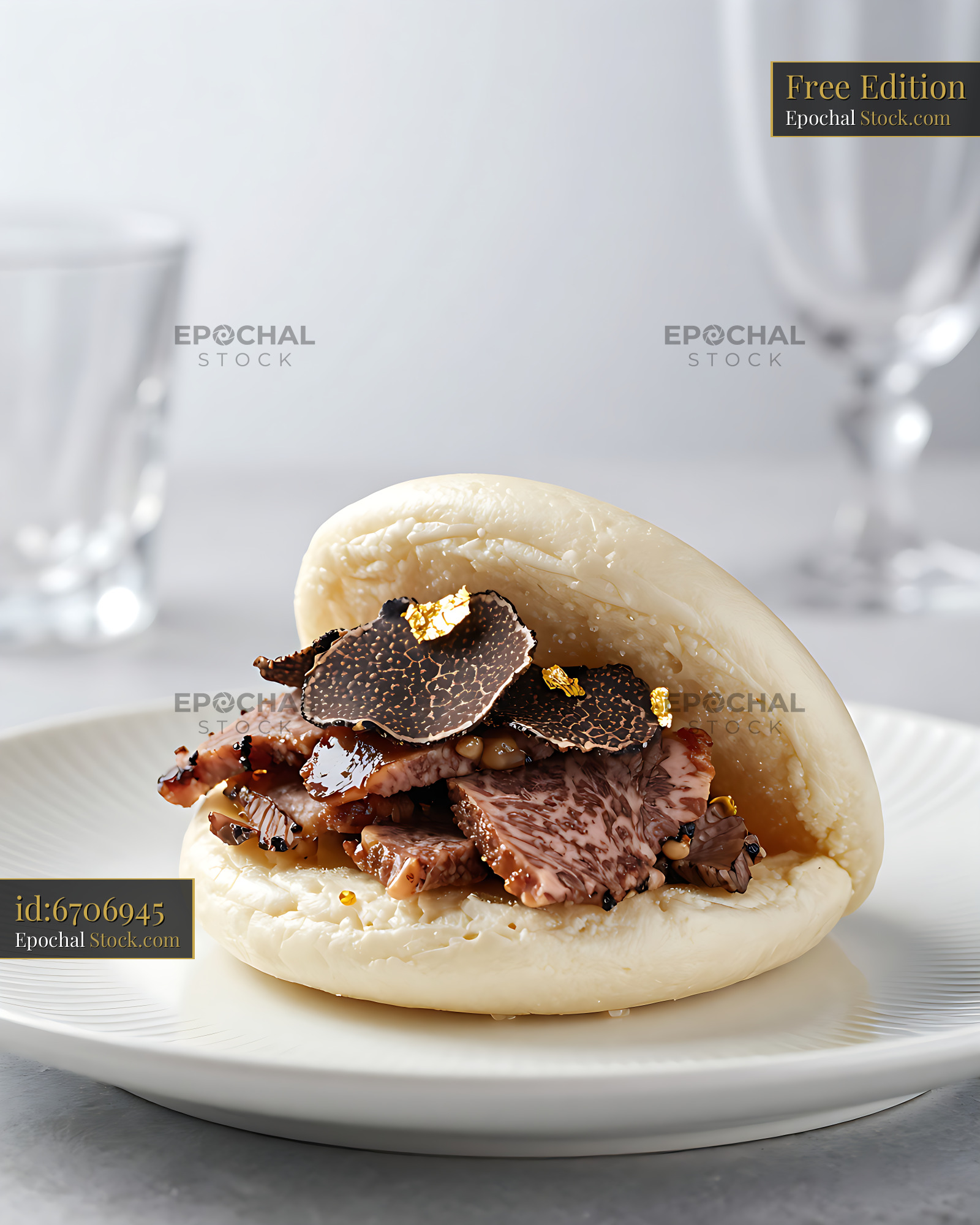 Truffle beef gua bao imperial-style with gold leaf on a white plate - stock photo