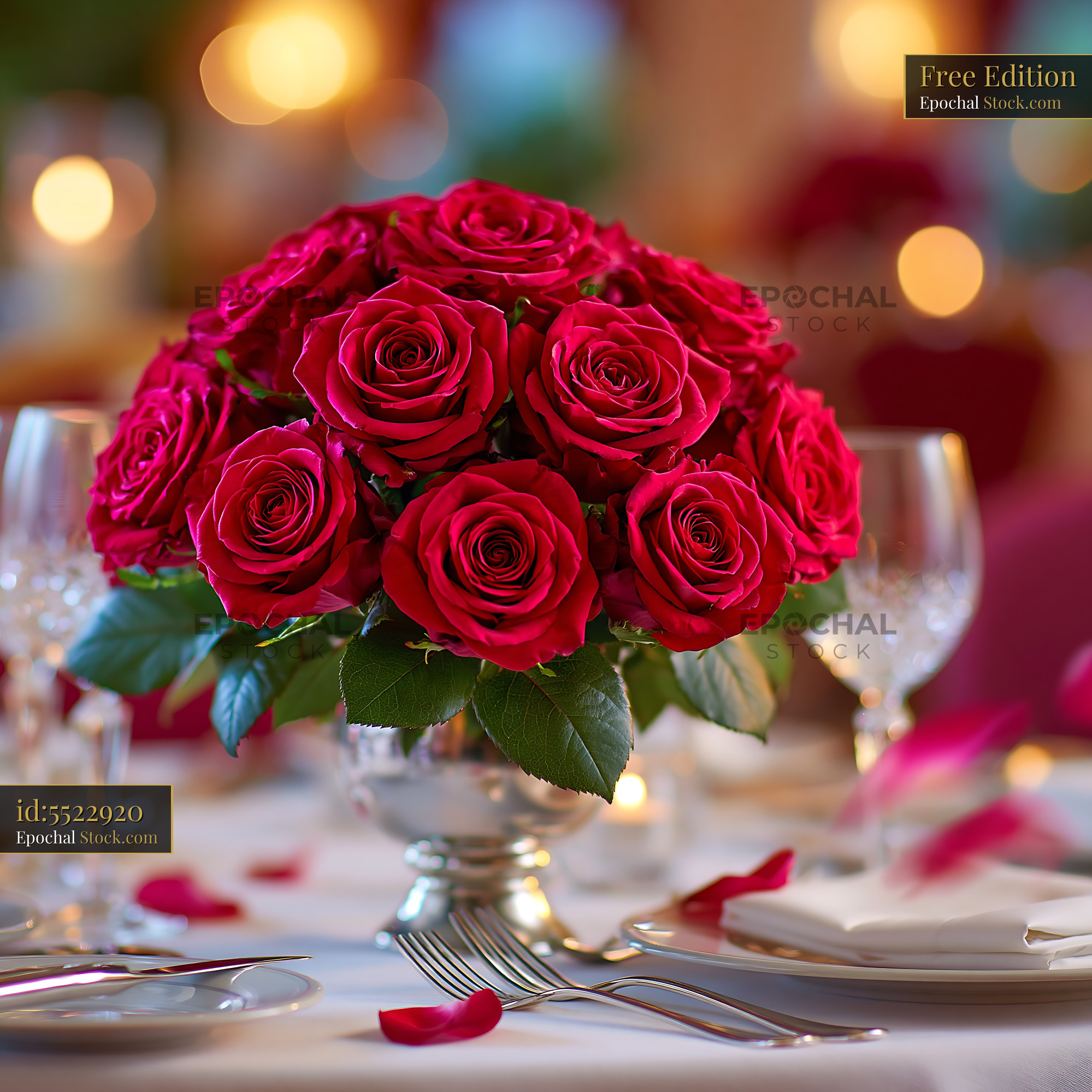 Red roses centerpiece on an elegant gala dinner table - stock photo