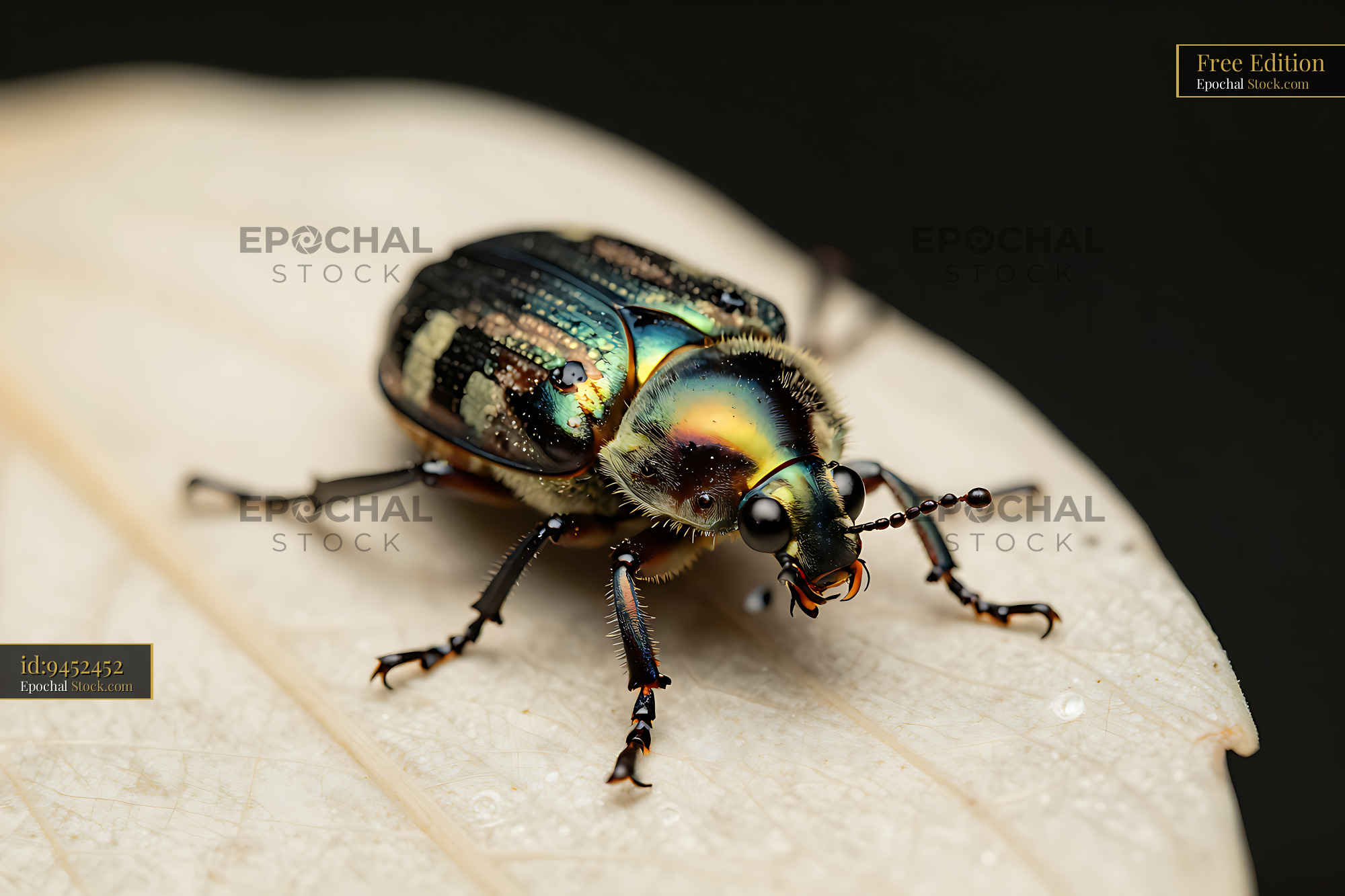 Iridescent pleasing fungus beetle on a dried leaf in macro view - stock photo