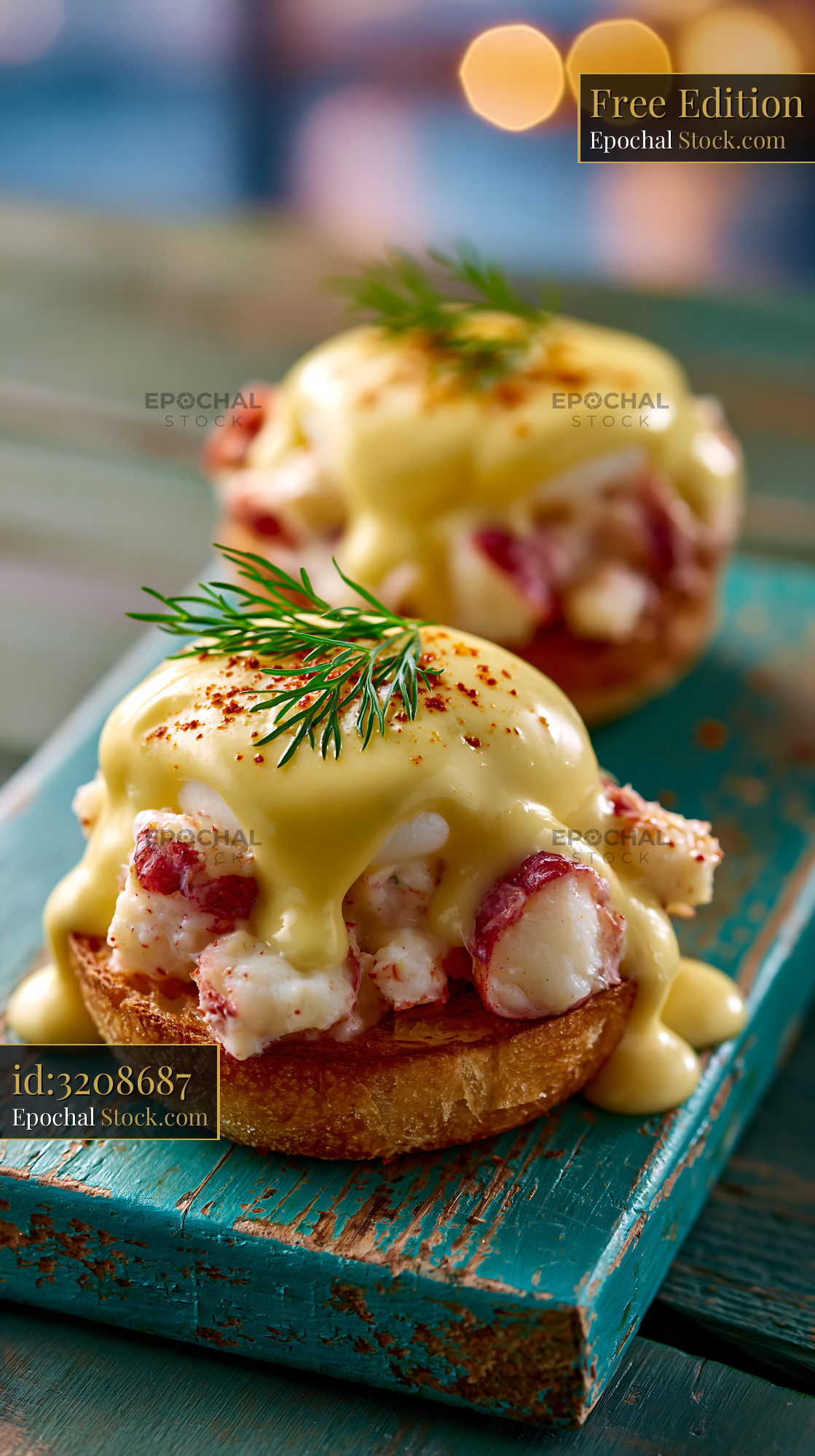 Lobster eggs neptune with hollandaise sauce on toasted english muffin - stock photo