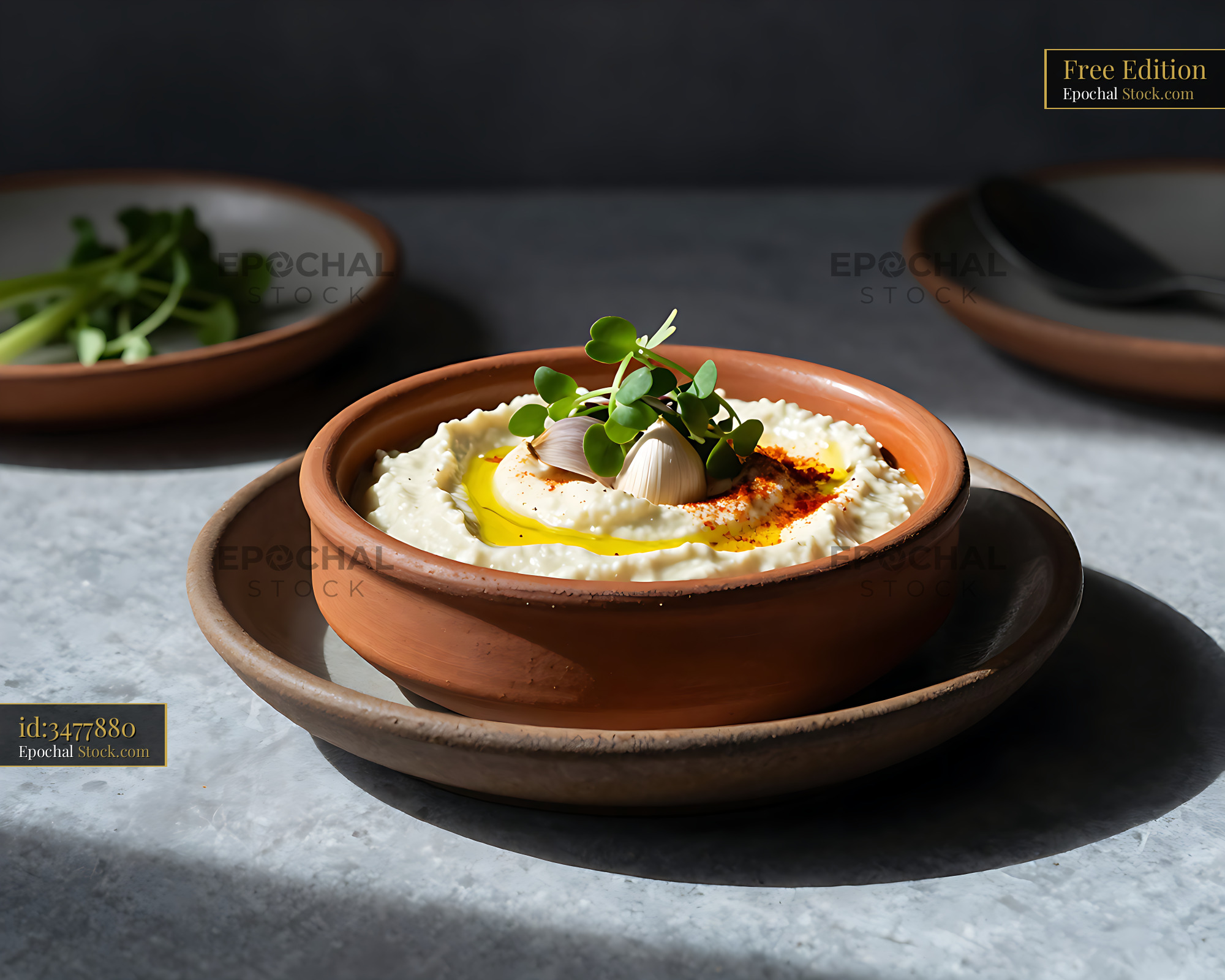 Yemeni bisara cold salad in a rustic terracotta bowl with olive oil - stock photo
