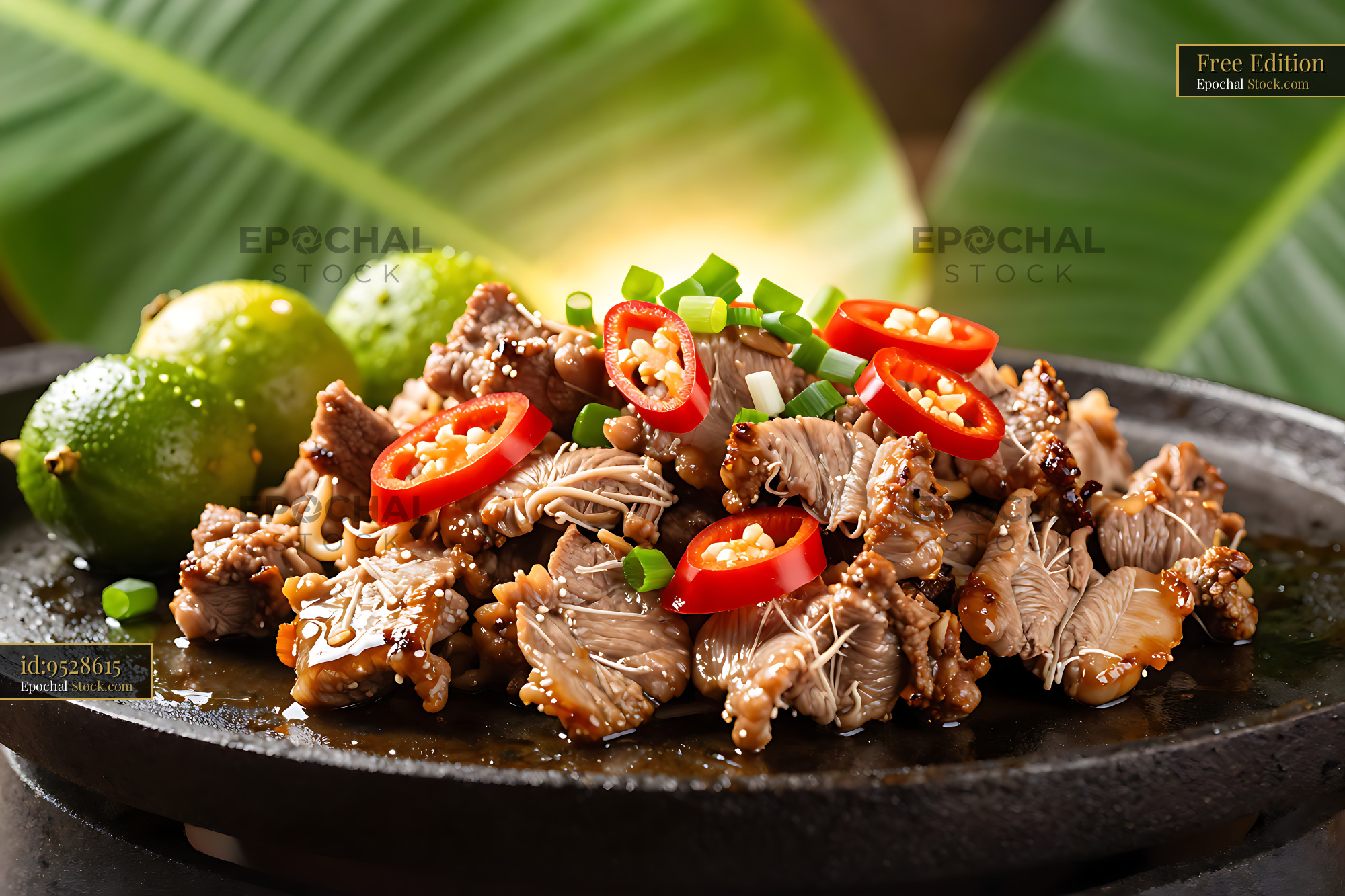 Authentic Pampanga Sisig on a sizzling plate with chili and limes - stock photo