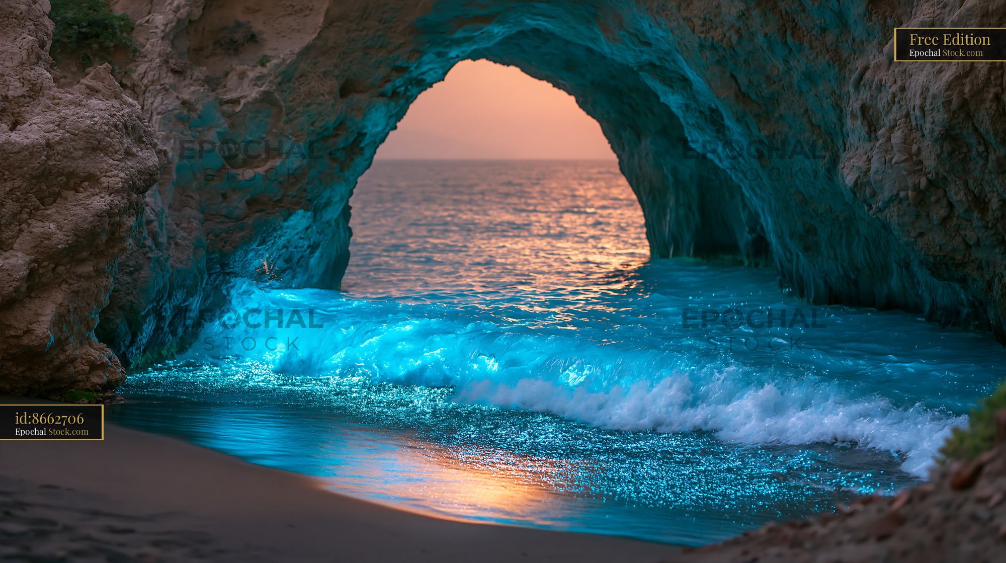 Bioluminescent waves glowing blue inside a sea cave at sunset - stock photo