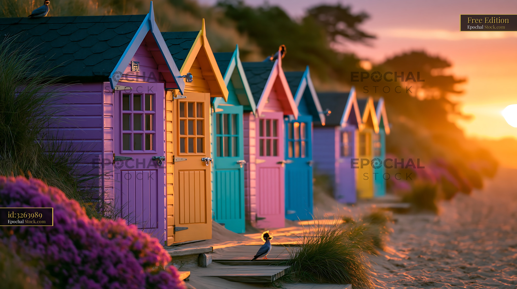 Colorful beach huts along a sandy shore during a vibrant sunset