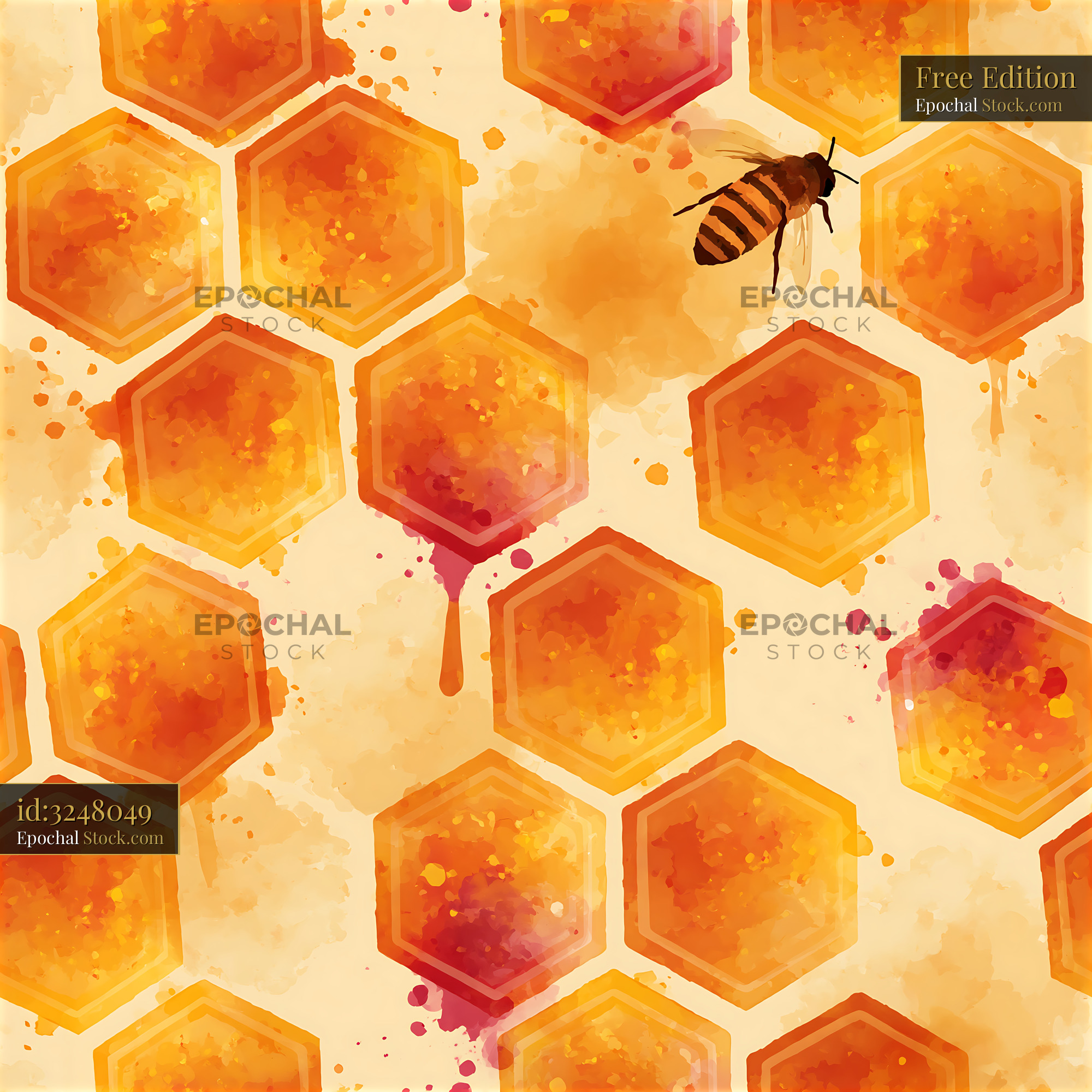 Artistic Amber Honeycomb with Watercolor Bee - stock photo