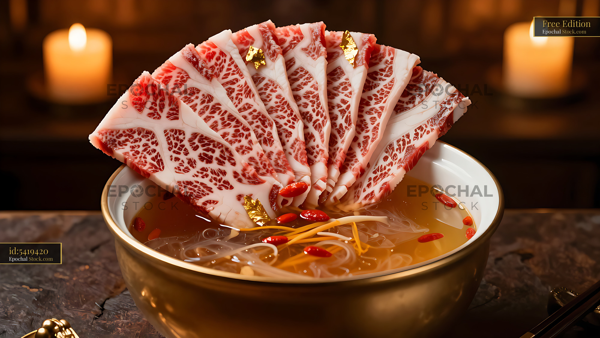 Mongolian hot pot with A5 wagyu beef and goji berries in gold bowl - stock photo