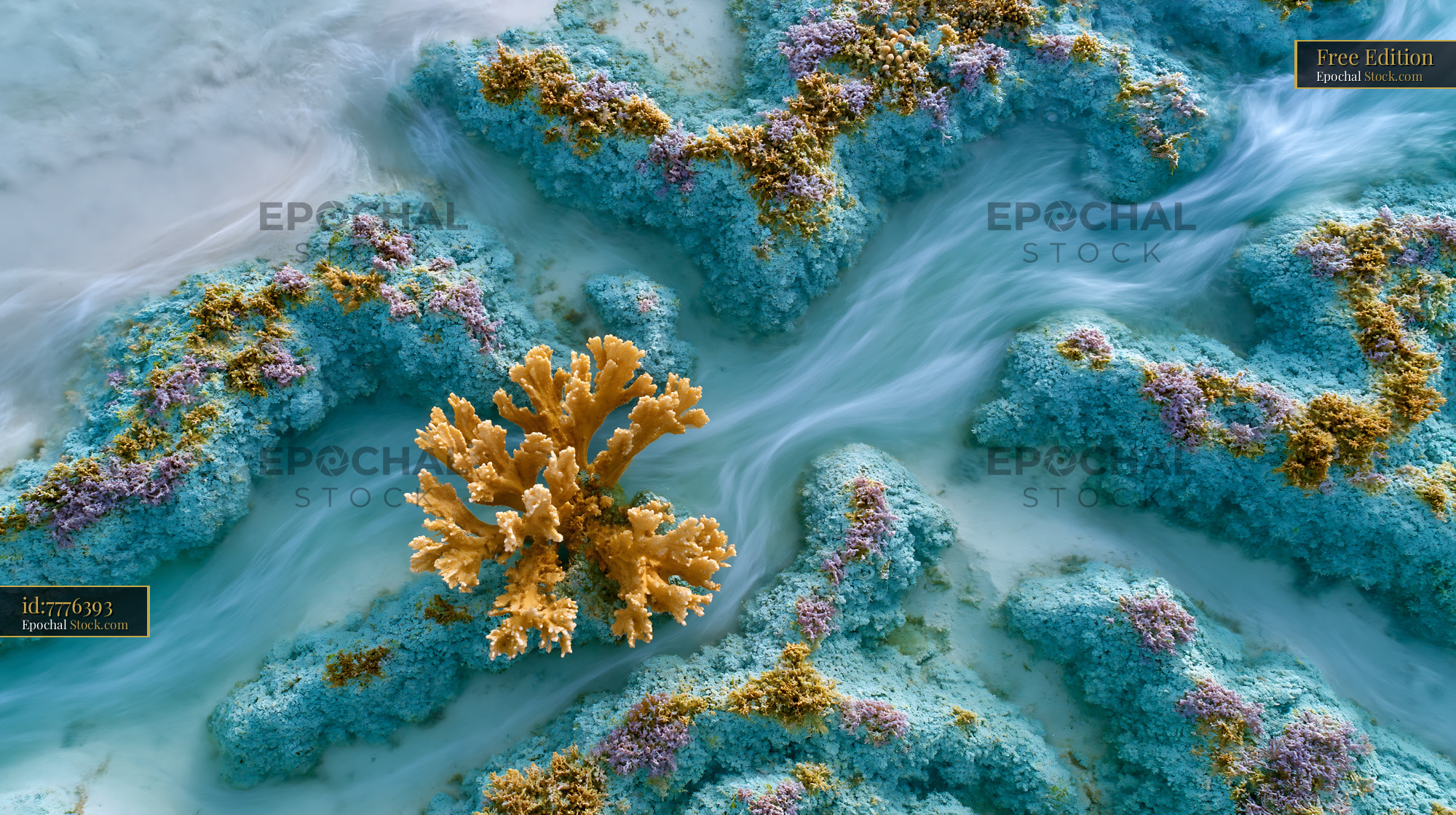 Vibrant golden coral branch in turquoise reef with flowing water