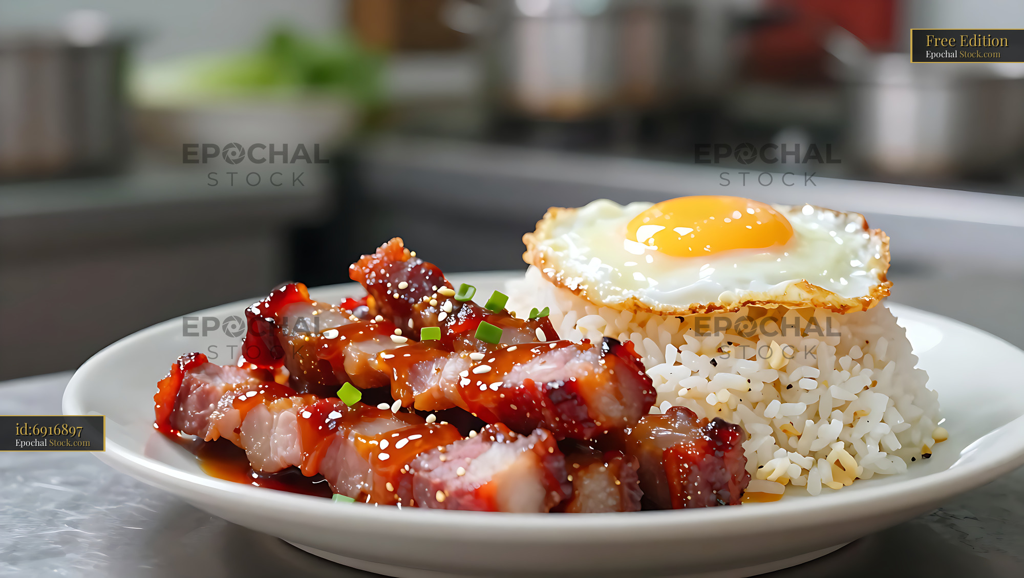 Kapampangan tocino with white rice and fried egg on a white plate - stock photo