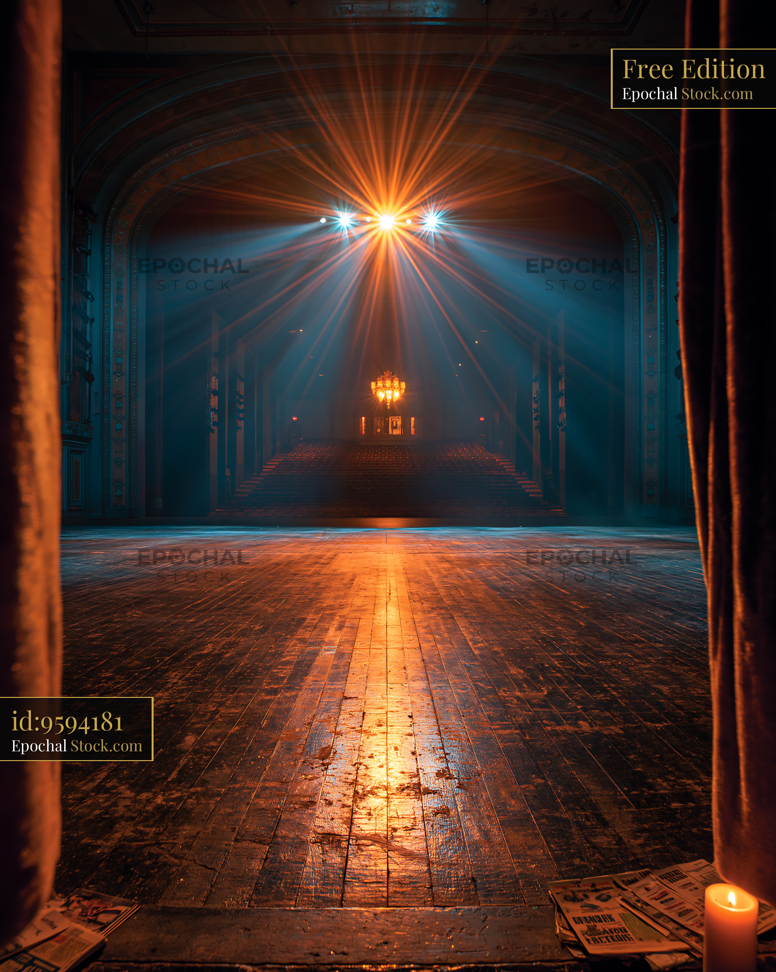 Empty theater stage with dramatic spotlights and wooden floor - stock photo