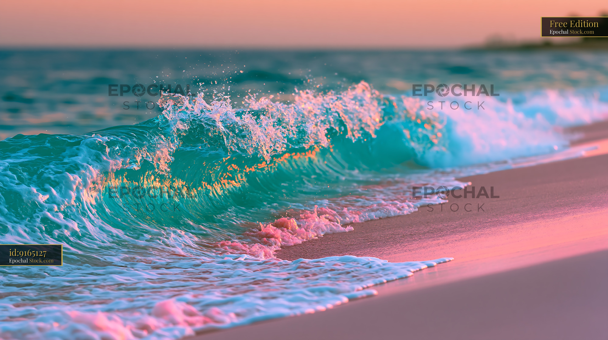 Mini shorebreak wave breaking on pink sand during a vibrant sunset - stock photo