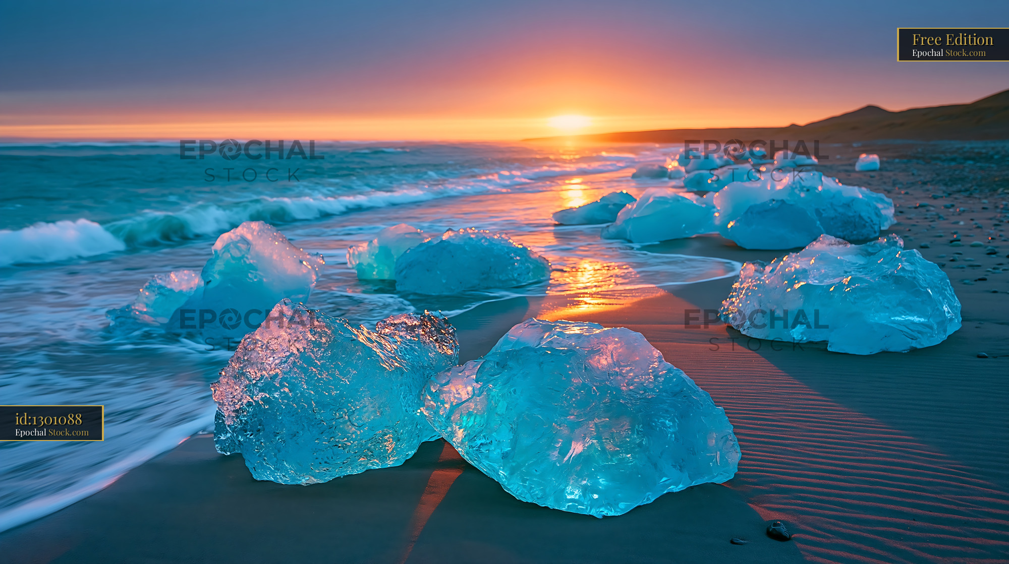 Blue icebergs on a black sand beach at sunset - stock photo