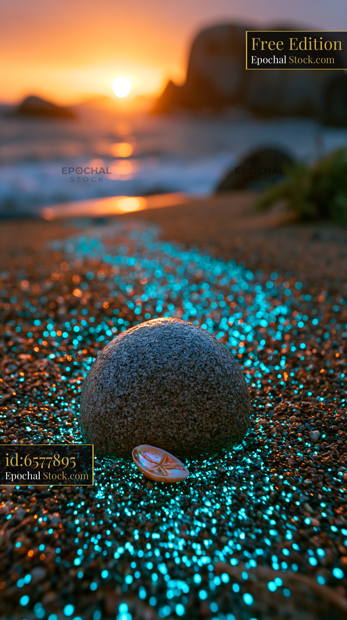 Bioluminescent glowing sand surrounding a rock on a beach at sunset - stock photo