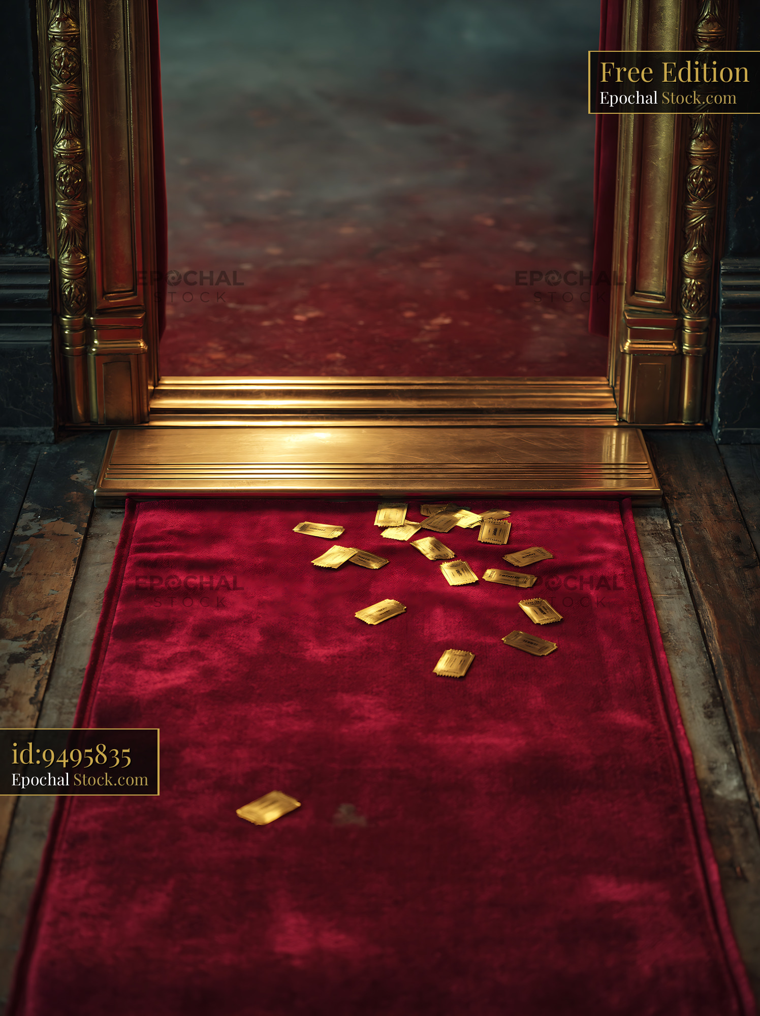Golden tickets scattered on a red carpet at a grand cinema entrance - stock photo
