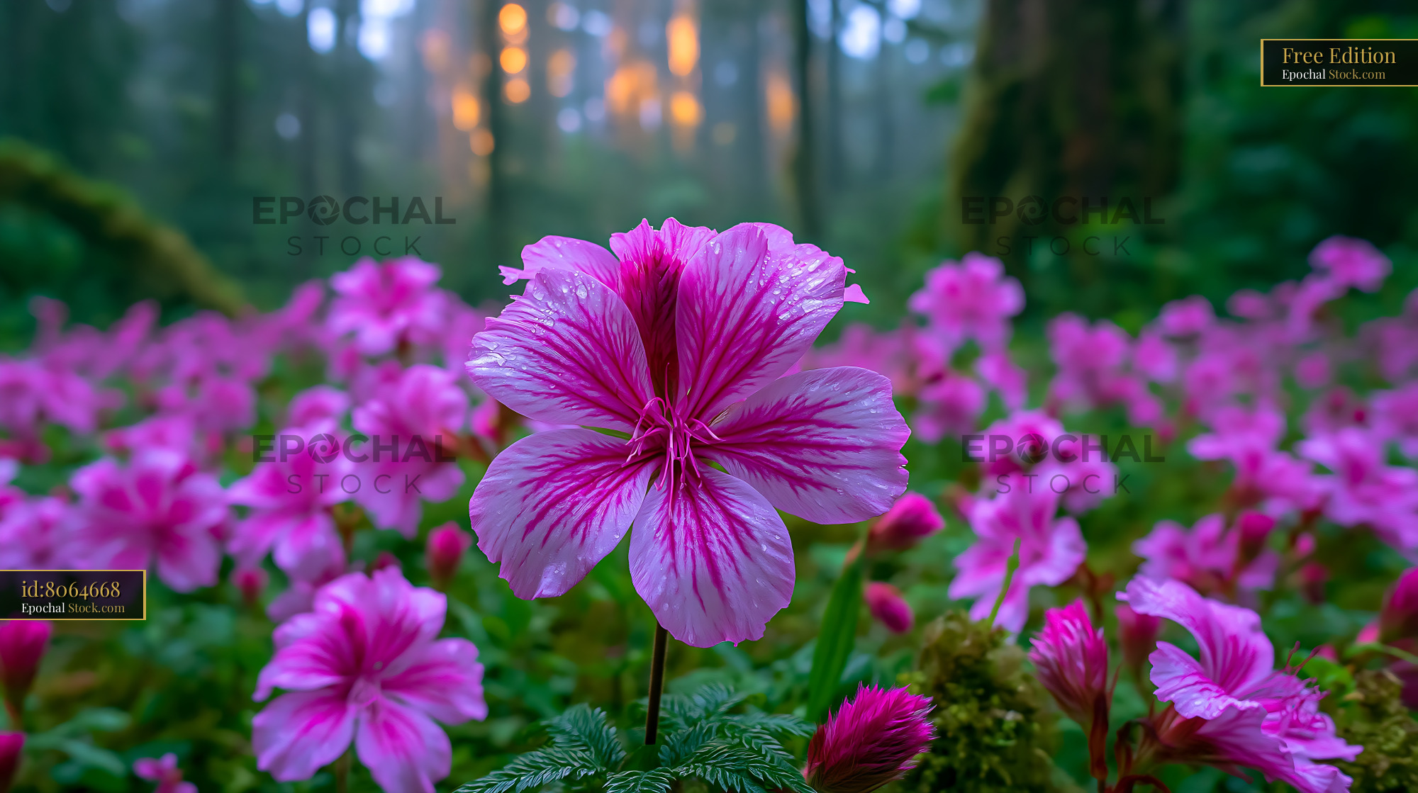 Vibrant pink tibetan iris blooming in a misty mountain meadow - stock photo