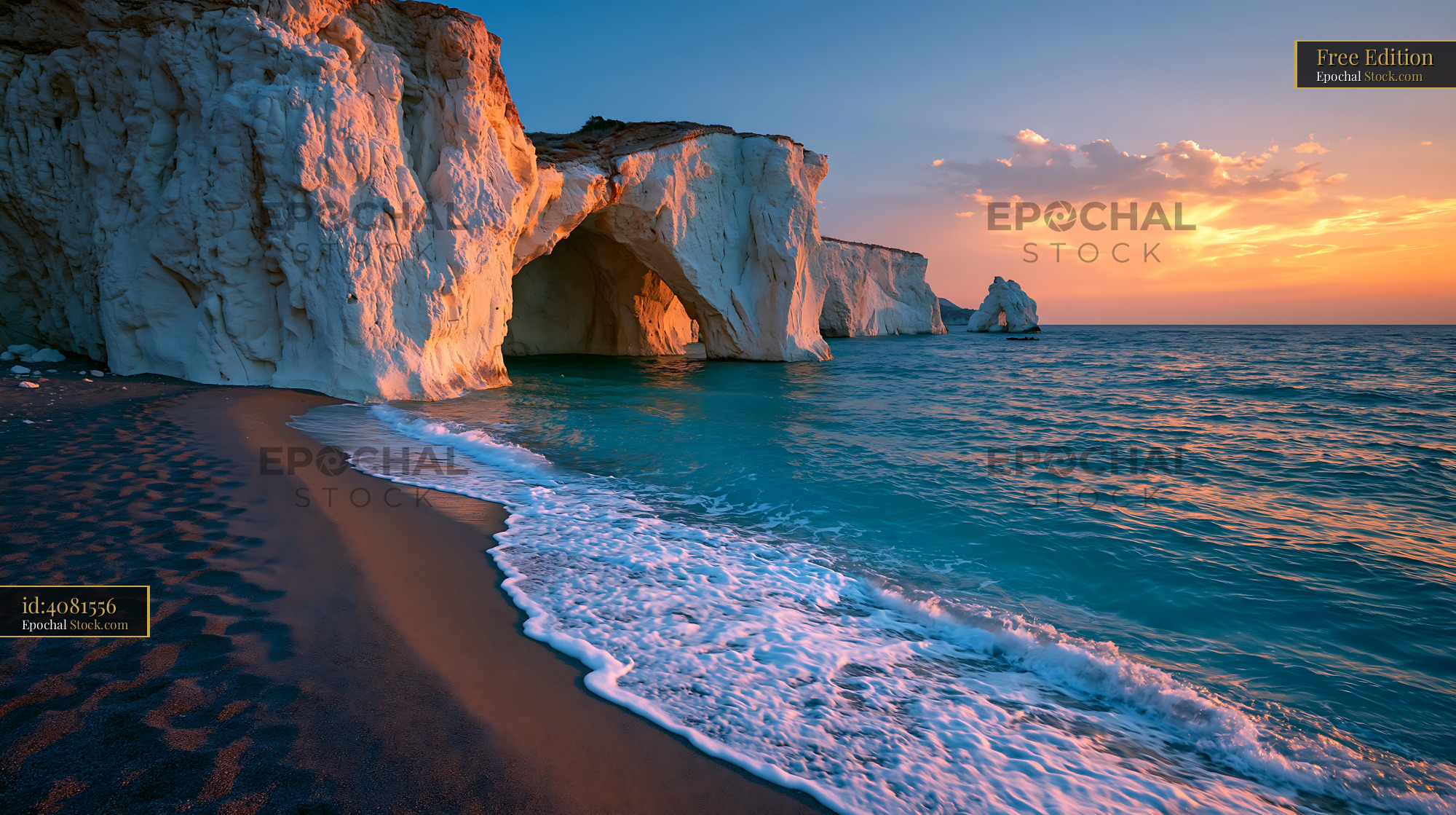 Golden sunset over dark pumice stone beach and white cliffs in Greece - stock photo