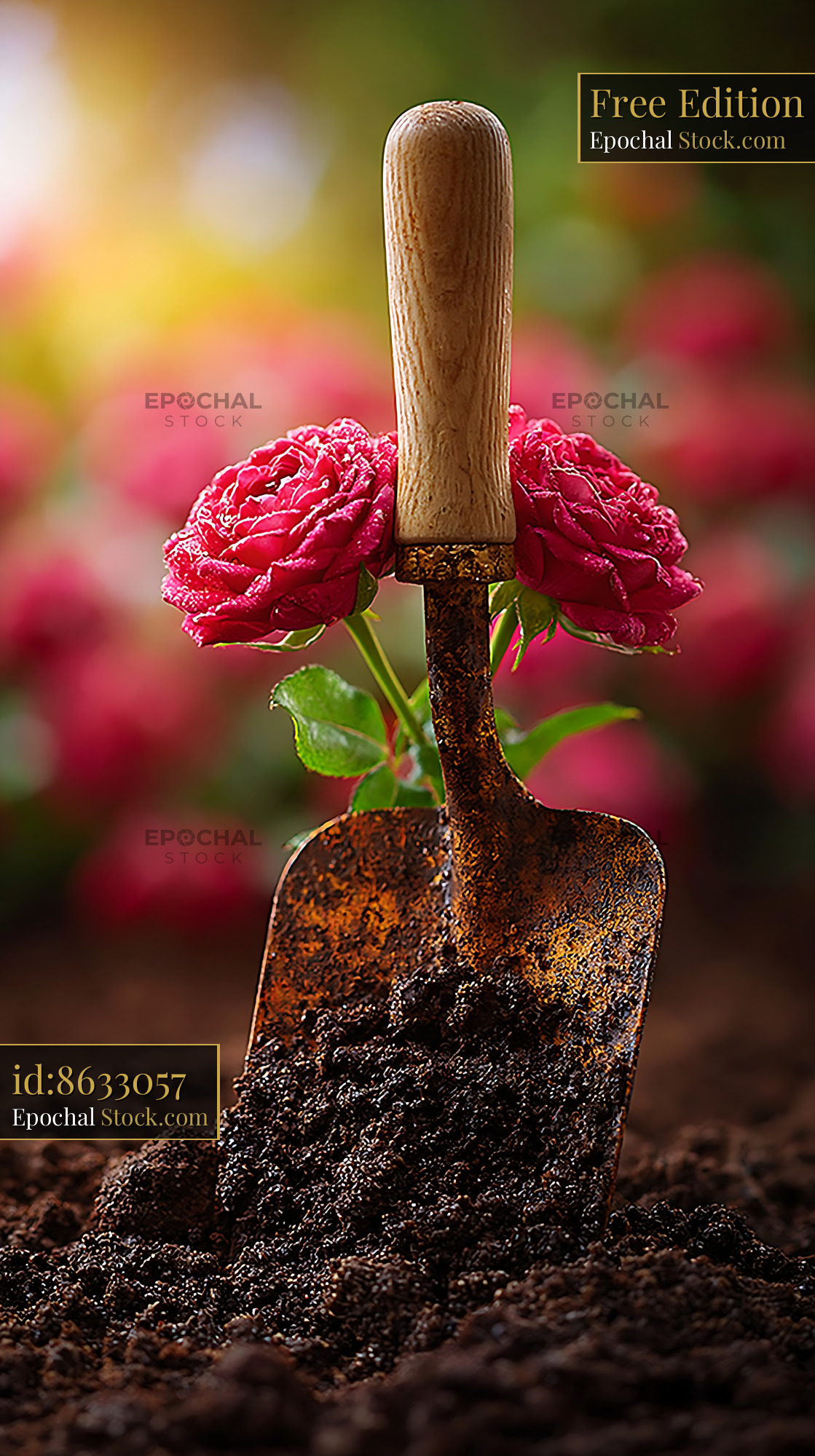 Garden spade in dark soil with pink roses in a blooming garden - stock photo