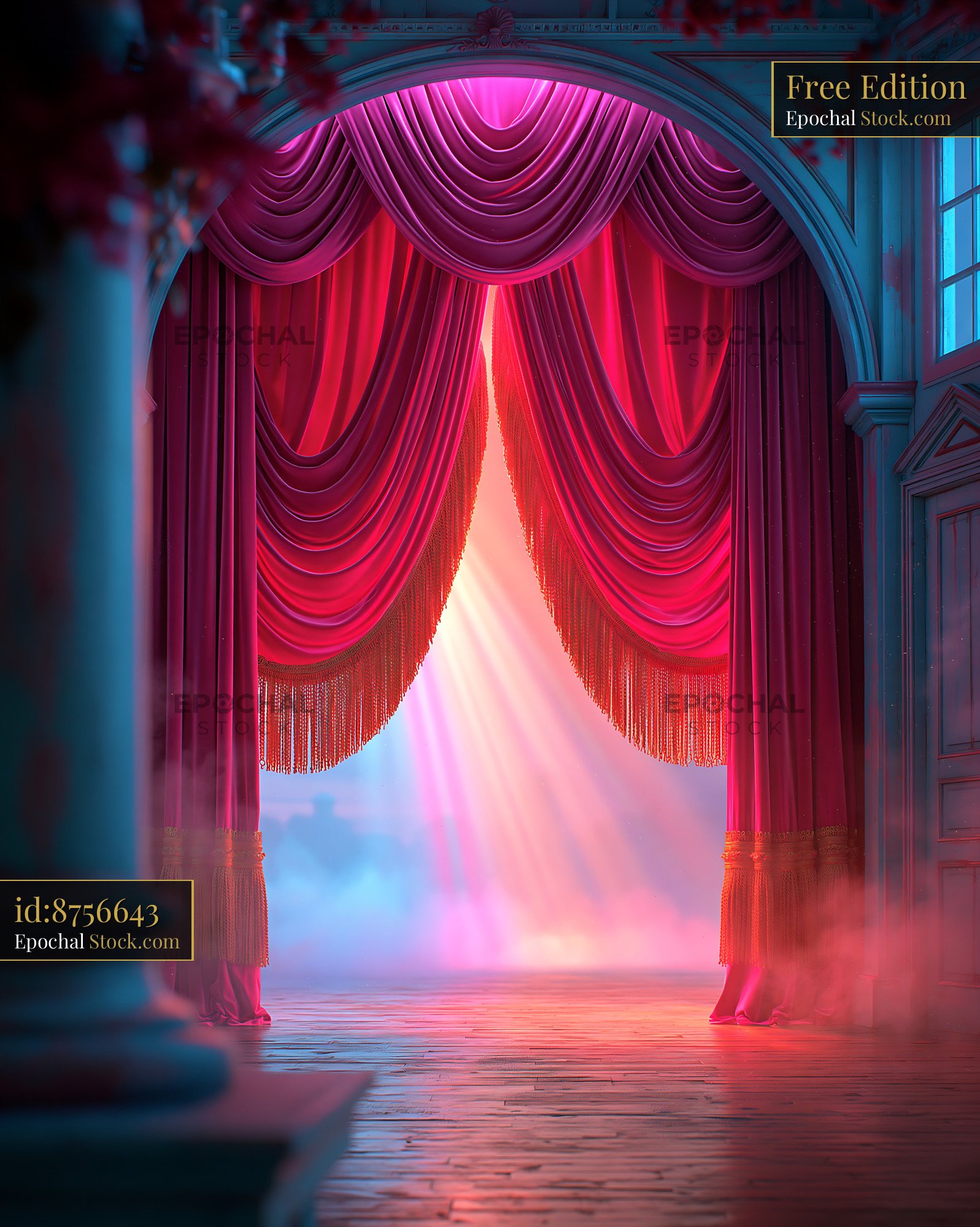 Pink velvet stage curtain with gold fringe and dramatic light rays